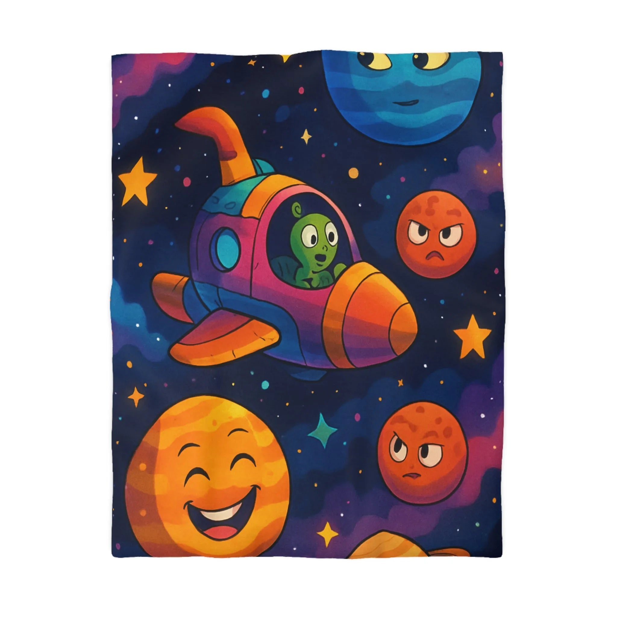 Housse de couette enfant cosmos coloré avec planètes amusantes et fusée extraterrestre