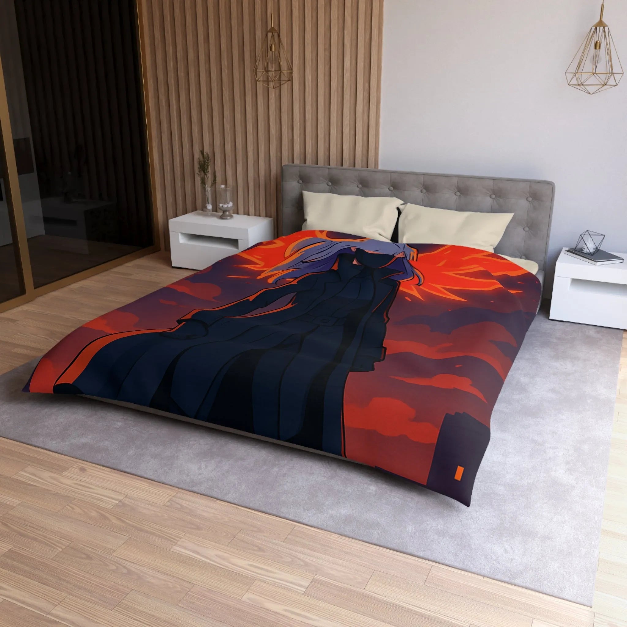 Housse de Couette Gothique avec Figure Angélique Ailée et Ville Enflammée Stylisée