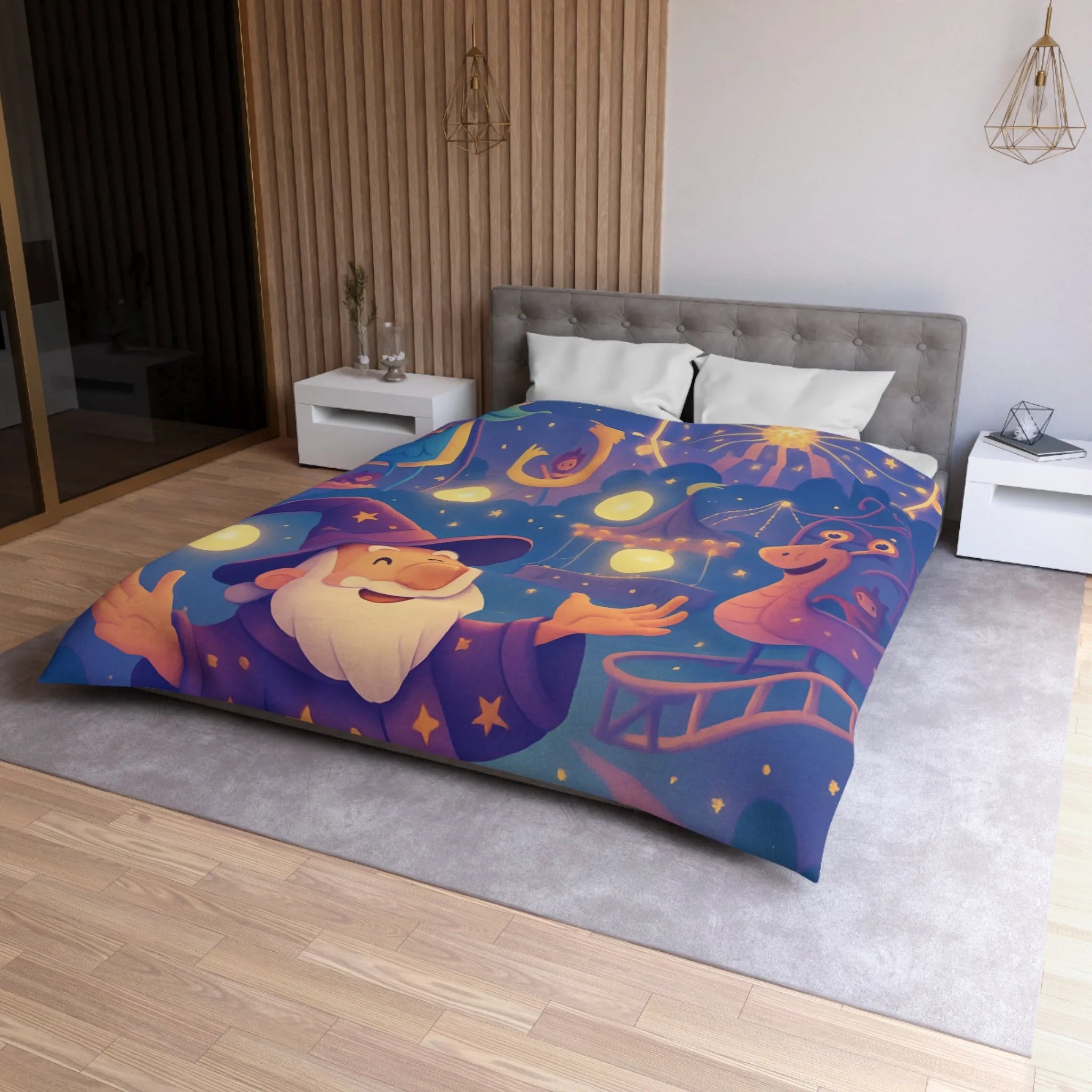 Housse de couette magique pour enfants avec magicien joyeux et parc d'attractions nocturne