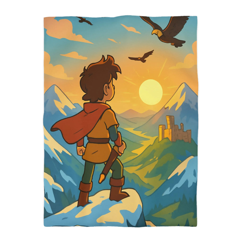 Housse de couette avec paysage montagneux, jeune aventurier et châteaux au coucher de soleil