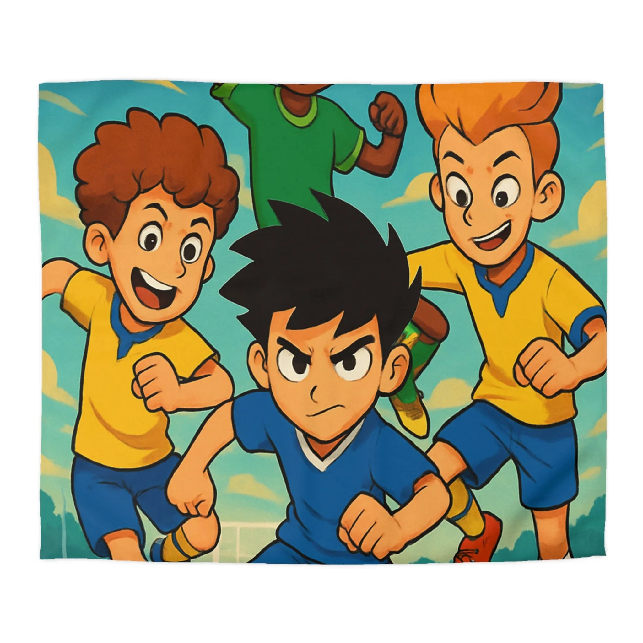 Housse de couette football enthousiaste pour enfants avec joueurs en action et ciel bleu