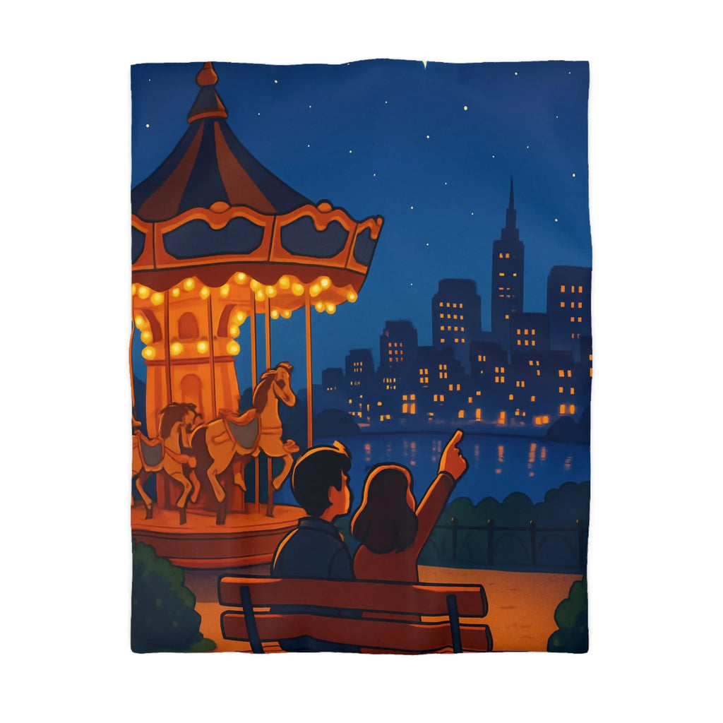 Housse de couette céleste avec carrousel lumineux et paysage urbain étoilé