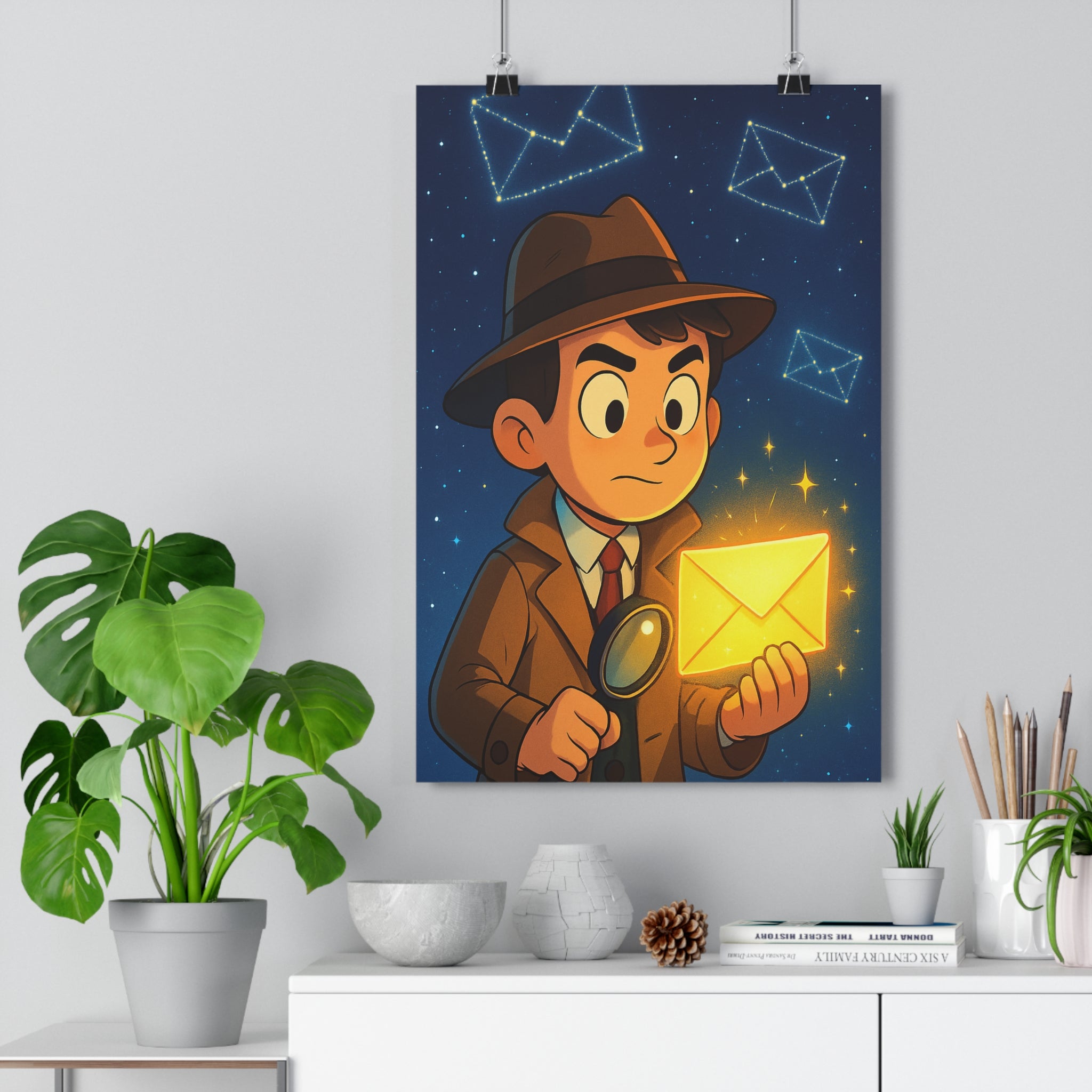 Poster décoratif dessin animé mystique bleu doré chambre mystérieux détective étoile enveloppe ciel constellations