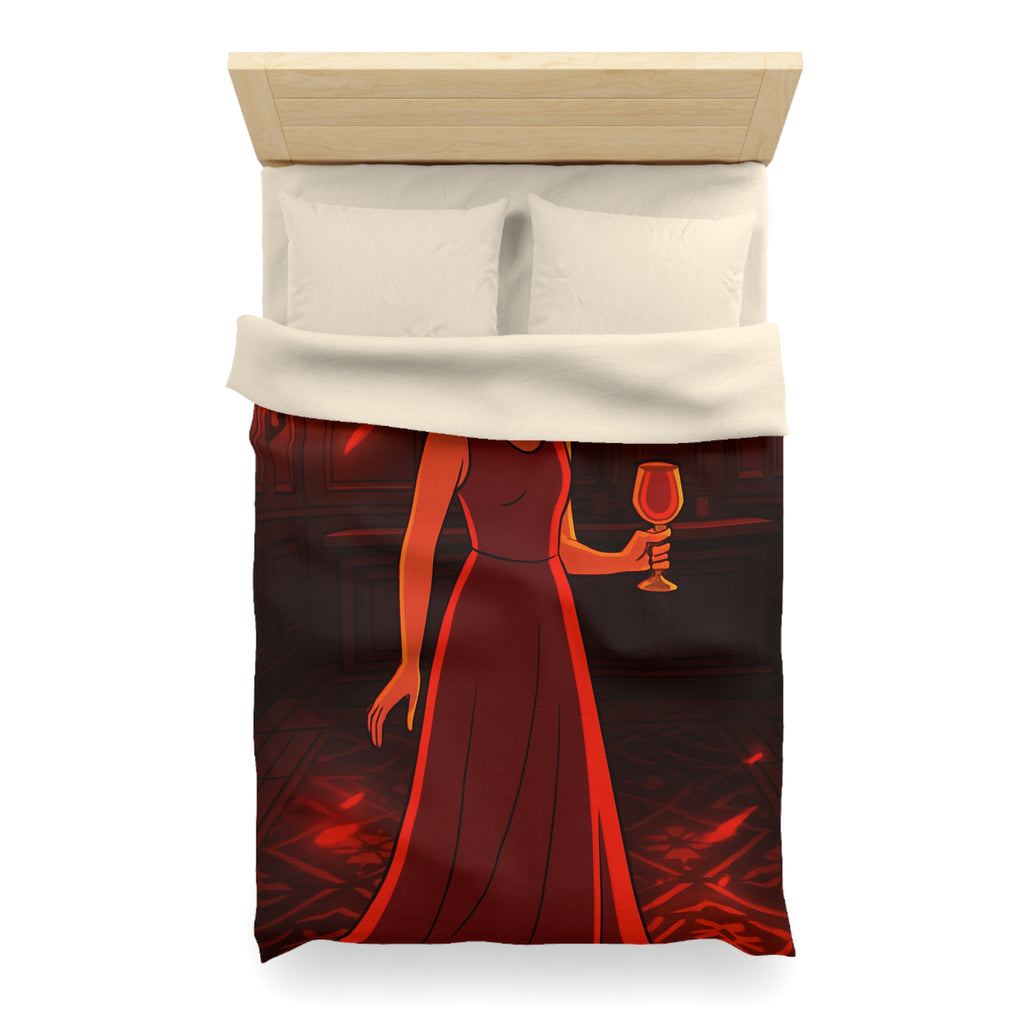 Housse de couette rouge élégante avec motif femme et reflets lumineux mystérieux