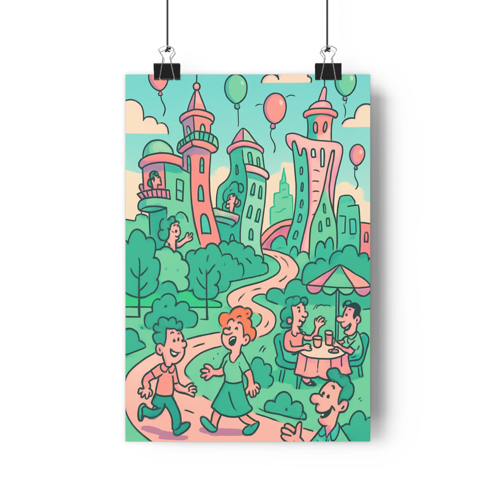 Poster décoratif urbain coloré pastel vert rose joyeux chambre enfant moderne animé ambiance festive