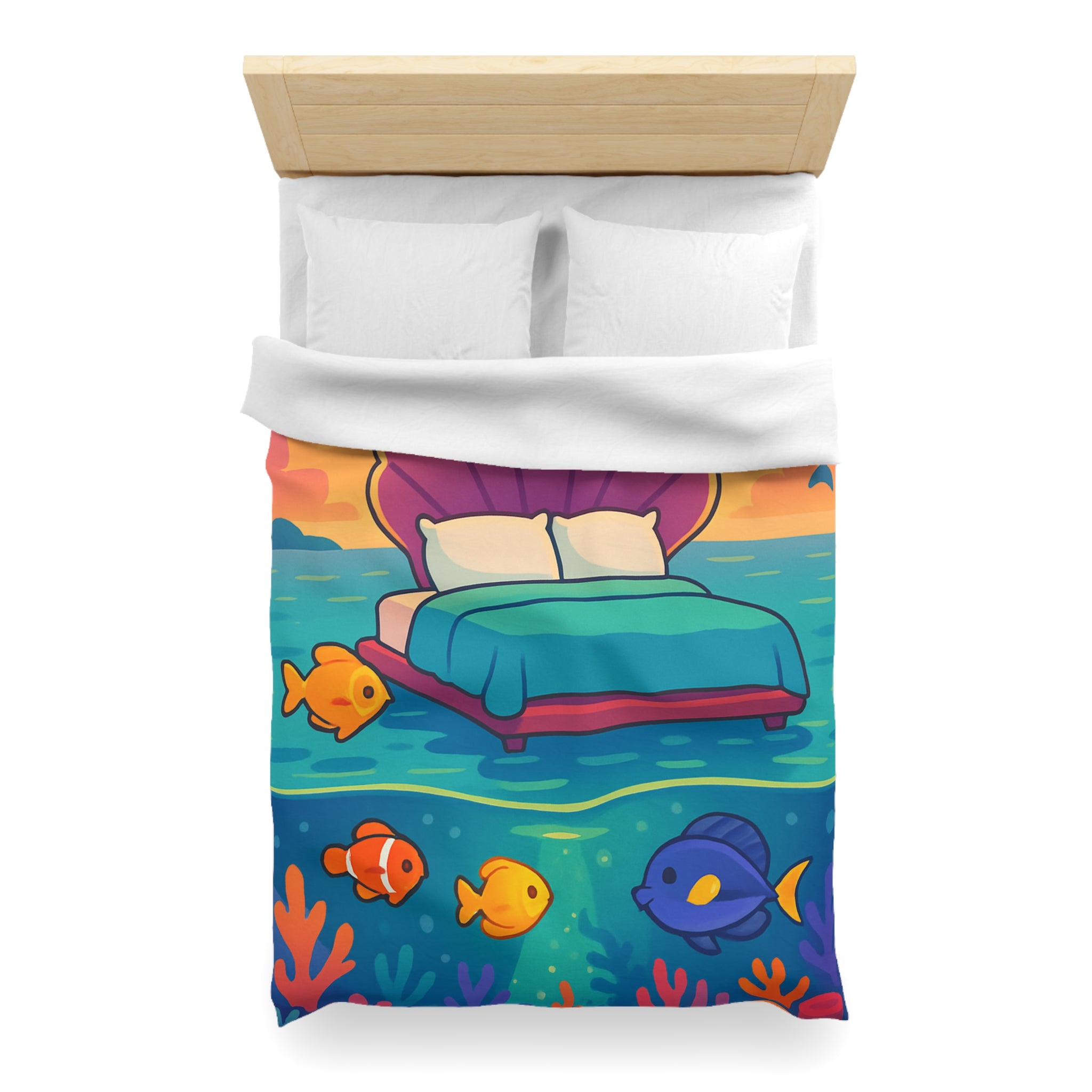 Housse de couette océan, lit coquillage, poissons tropicaux, ambiance coucher de soleil