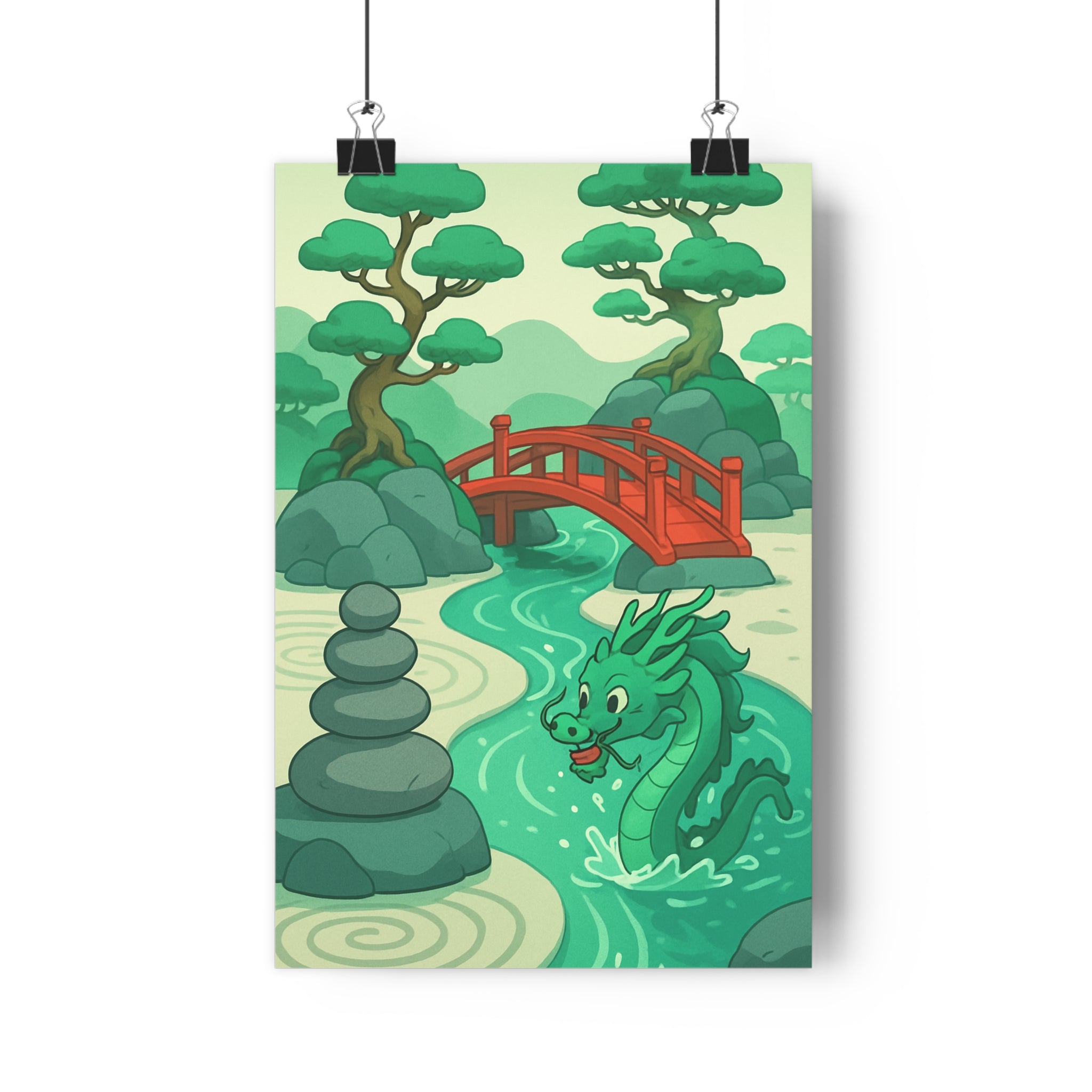 Poster décoratif jardin zen asiatique vert bleu cartoon paisible salon chambre intérieur art mural