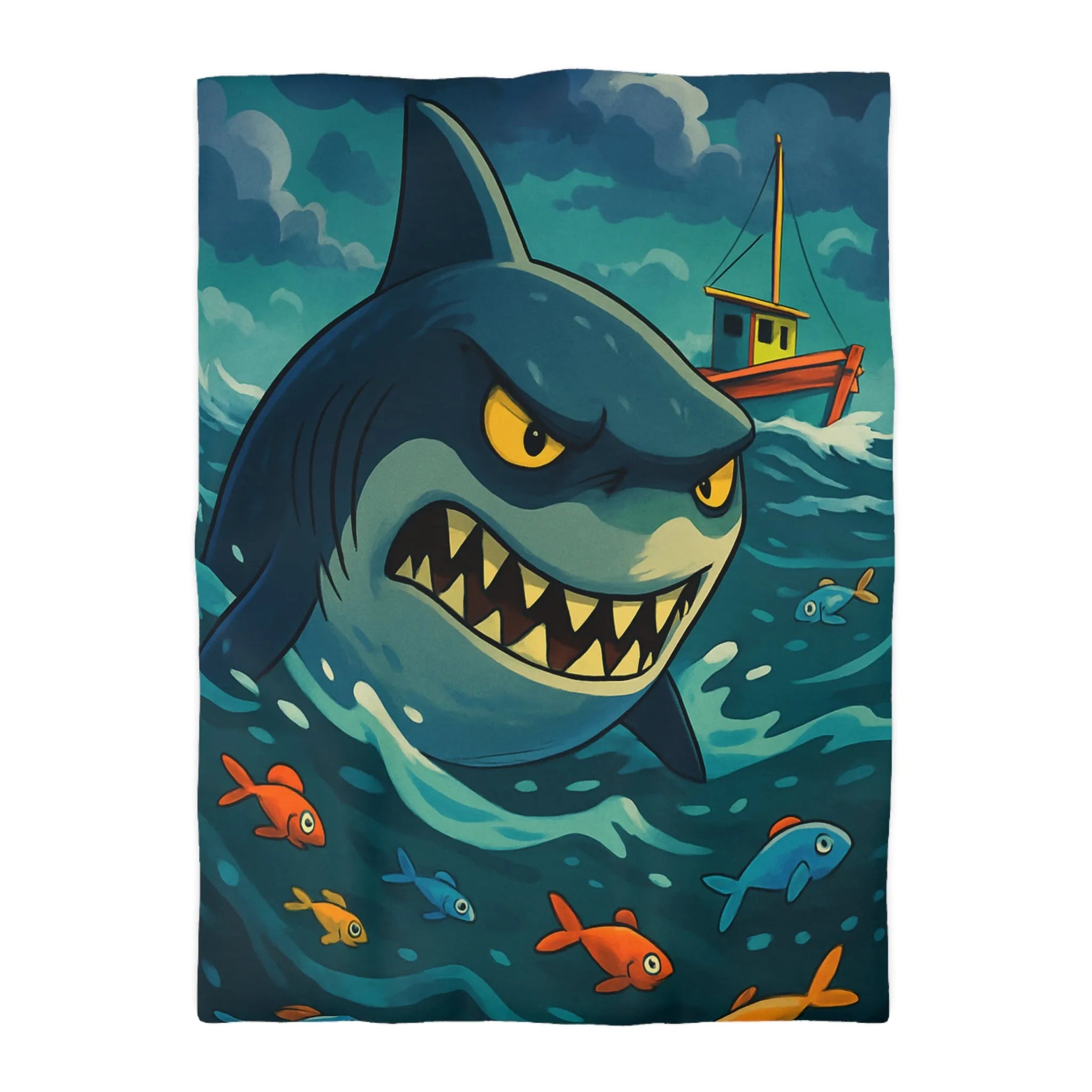 Housse de couette avec requin cartoon effrayant et poissons colorés en mer orageuse