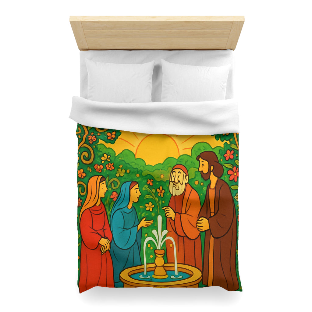 Housse de couette vibrante avec scène florale colorée et figures en discussion harmonieuse