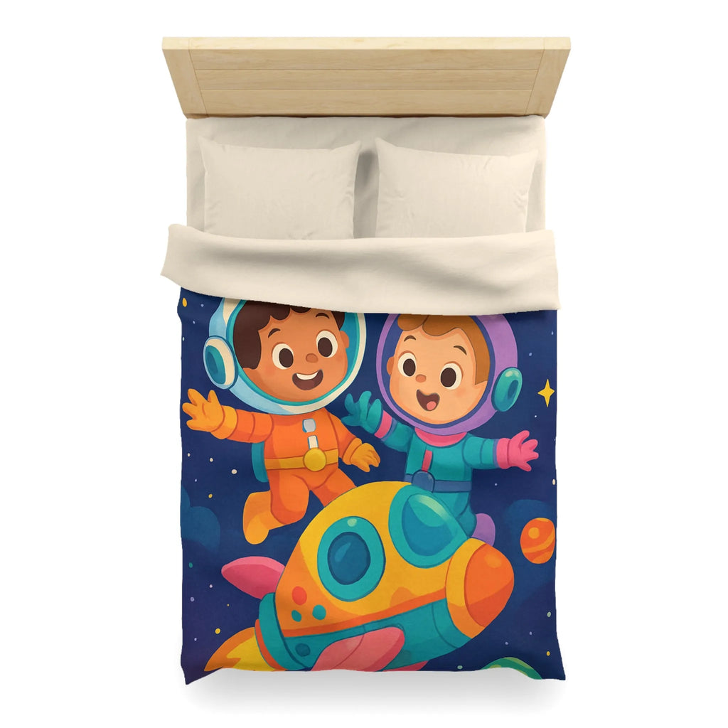 Couette Enfantine Cosmos : Enfants en Vaisseau Spatial avec Planètes et Étoiles Colorées