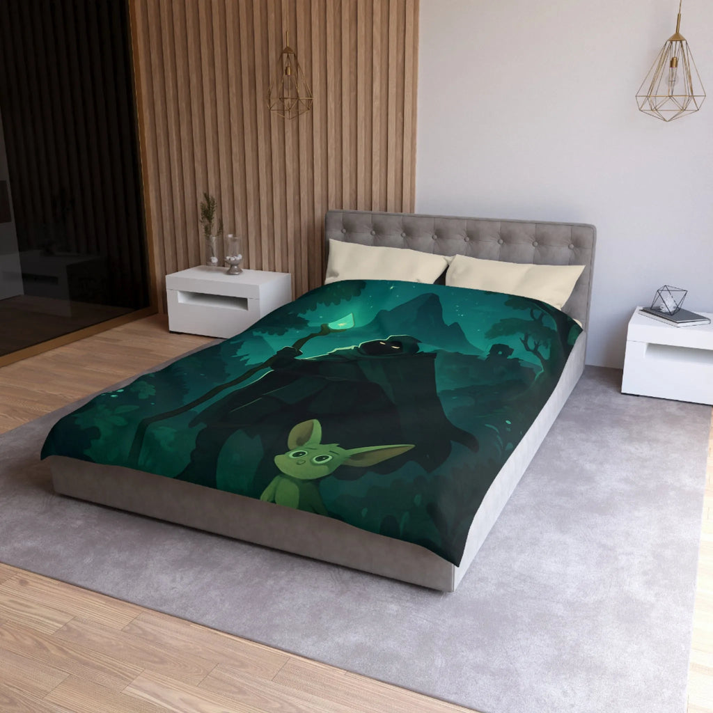 Housse de couette magique avec sorcier nocturne et créature enchantée sous lune étoilée