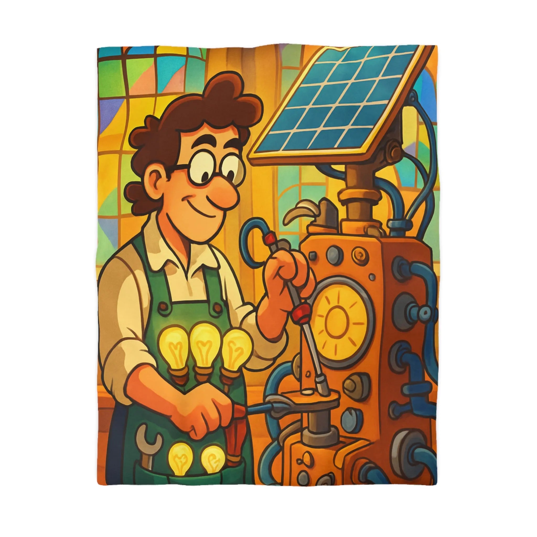 Housse de Couette Illustre Inventeur avec Machine Énergétique et Vitrail Coloré Artistique