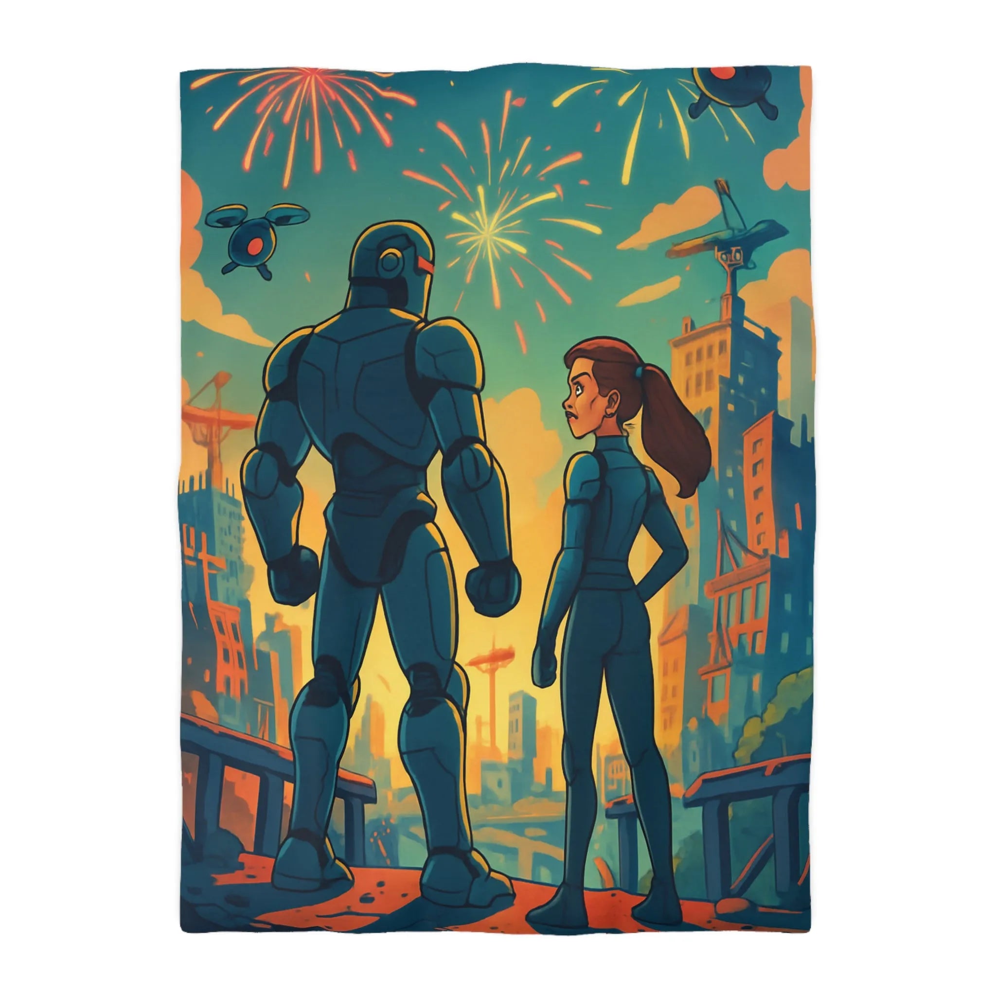 Housse de Couette Fine Imprimée Feux d’Artifice et Futuriste Ville Robotique Dessinée