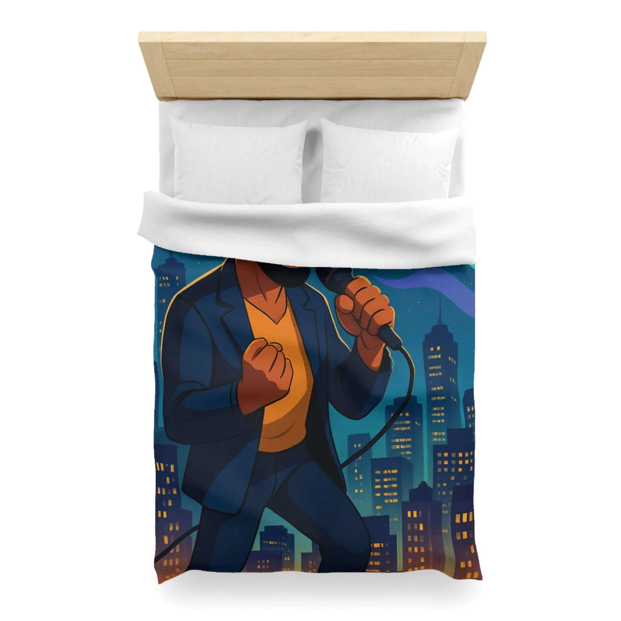 Housse de couette artistique : chanteur vibrant avec coucher de soleil et gratte-ciels