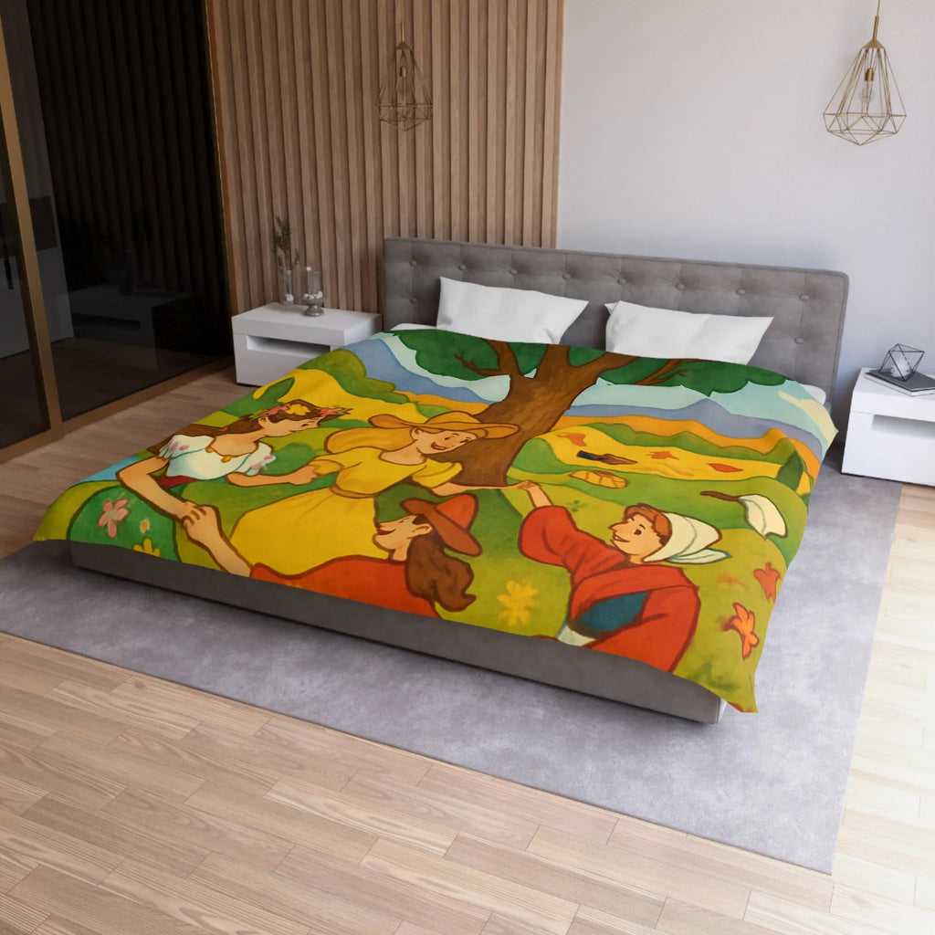 Housse de couette champêtre aux motifs de danseuses rondes et paysage bucolique coloré