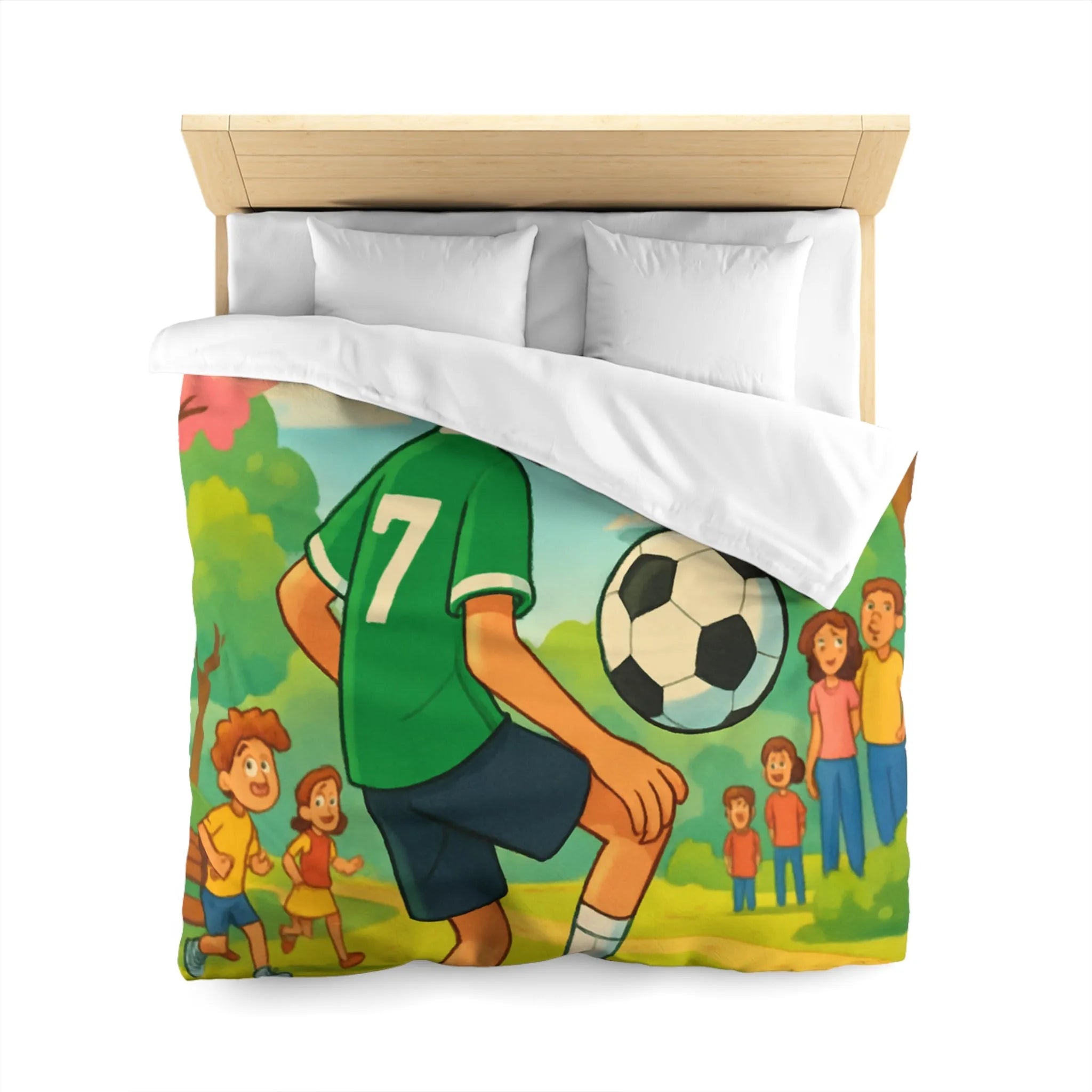 'Housse de couette enfant : garçon jouant au football dans parc coloré et animé'
