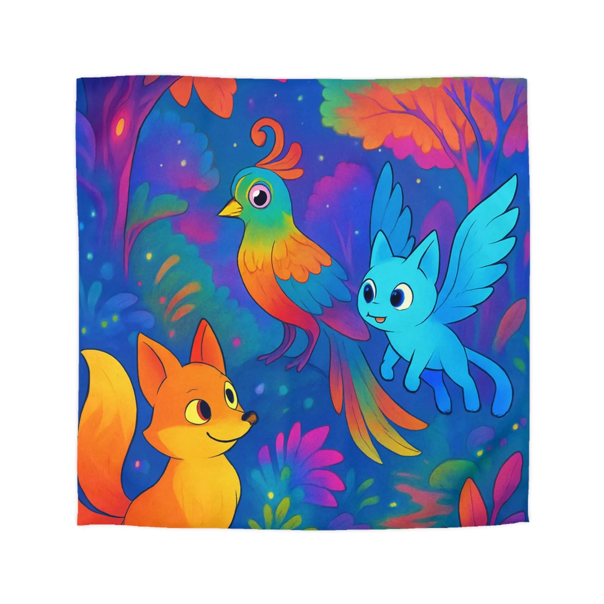 Housse de couette colorée avec animaux fantastiques dans une forêt magique nocturne