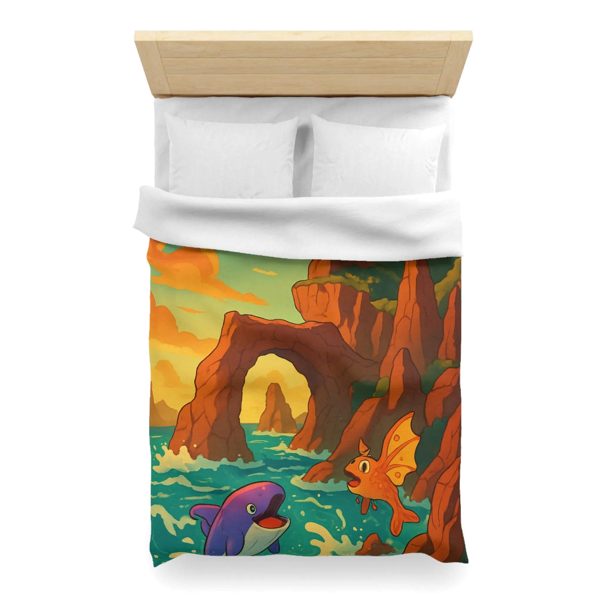 Fantastique peinture de poissons et dauphin avec phare sur fond de mer colorée