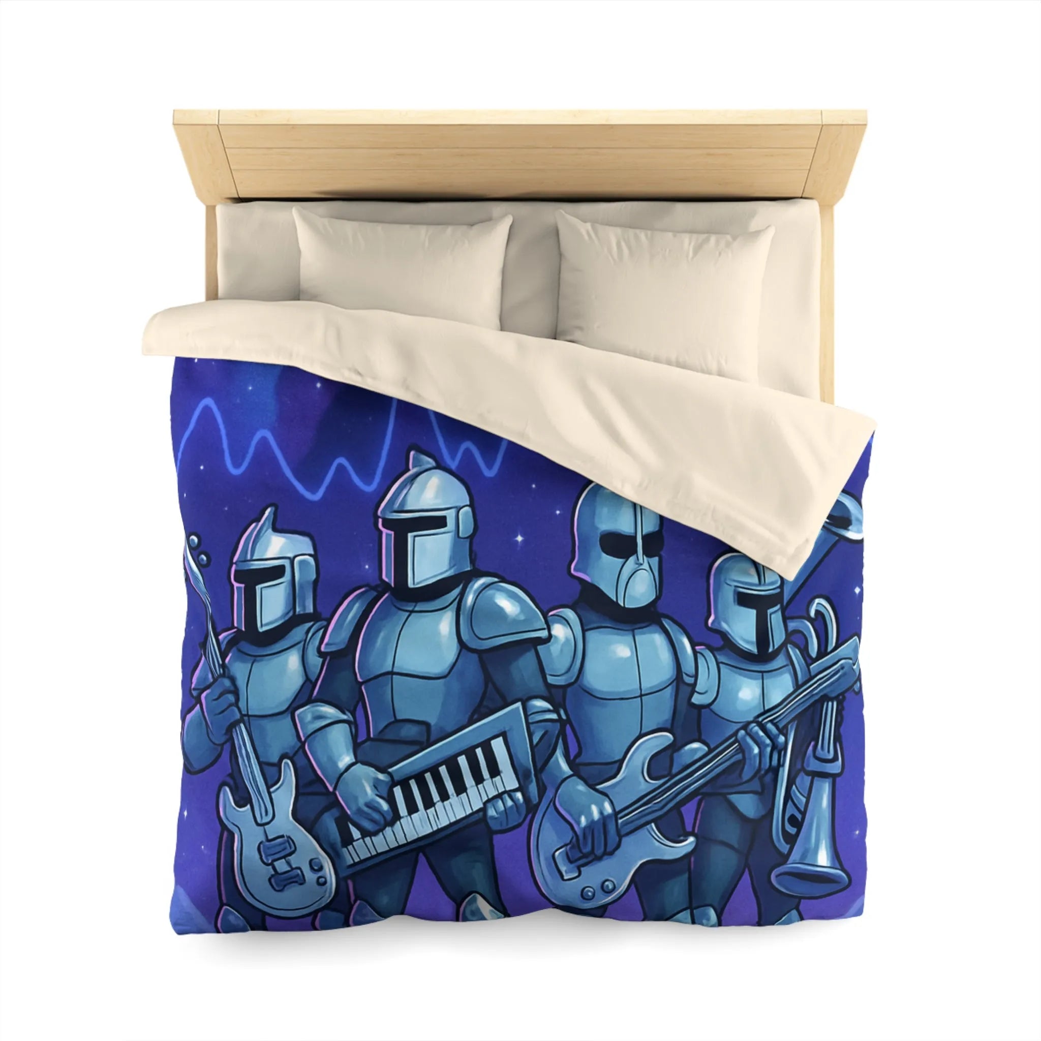 Housse de couette futuriste avec chevaliers musiciens sur fond spatial étoilé galactique