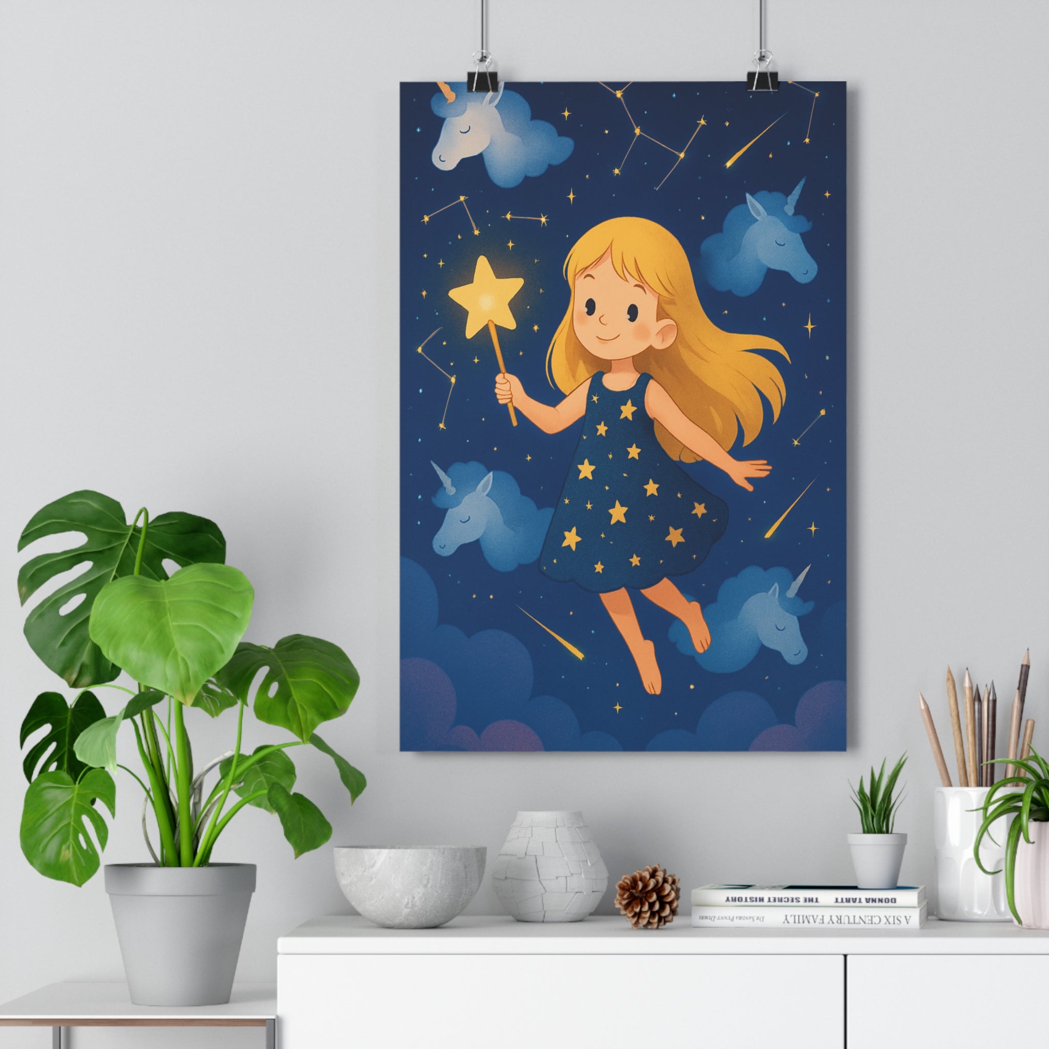 Poster décoratif magique étoilé bleu doré rêveur chambre enfant constellation céleste féerique lumineux tendance