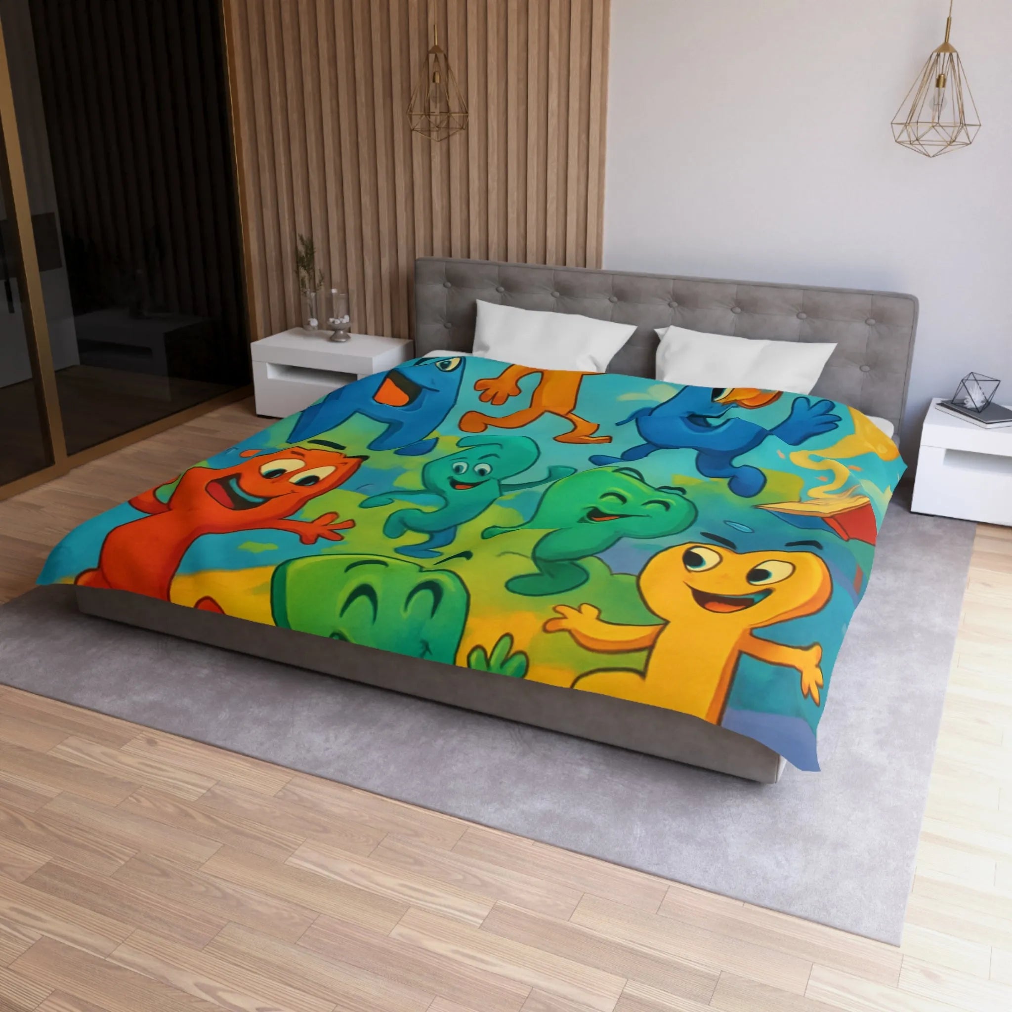 Housse de couette colorée avec lettres animées dans un paysage ludique et éducatif