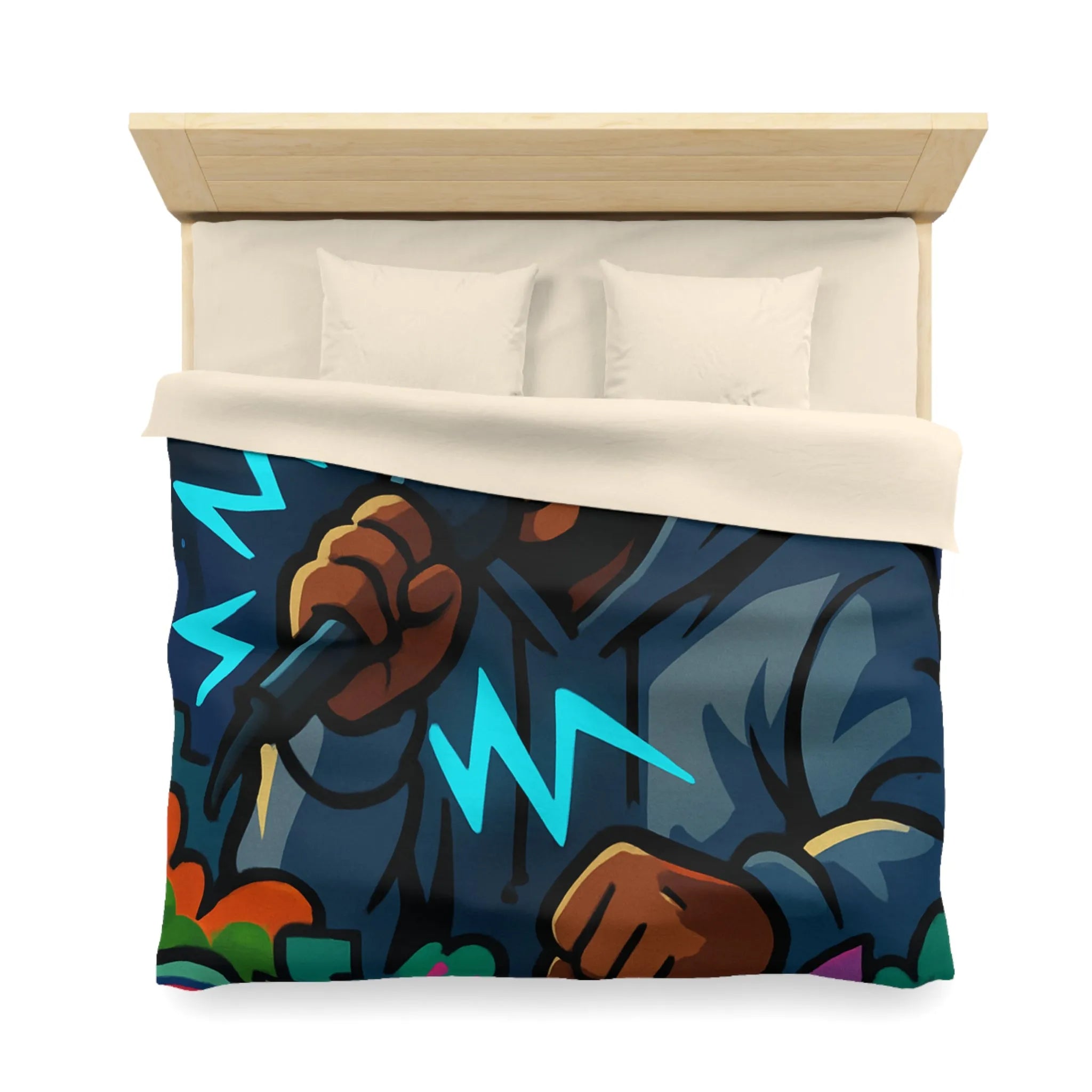 Housse de couette avec artiste hip-hop en hoodie et graffitis colorés de rue