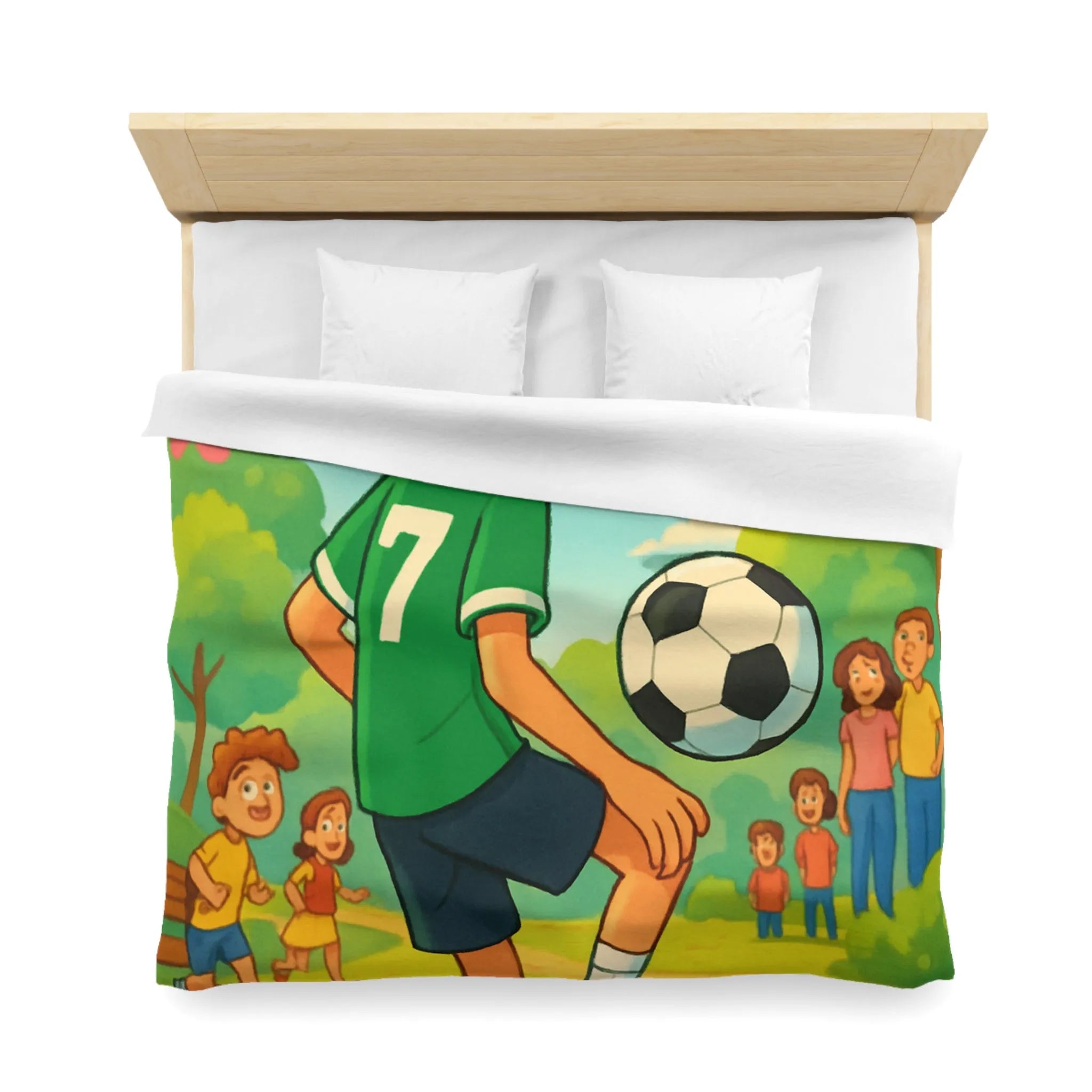 'Housse de couette enfant : garçon jouant au football dans parc coloré et animé'