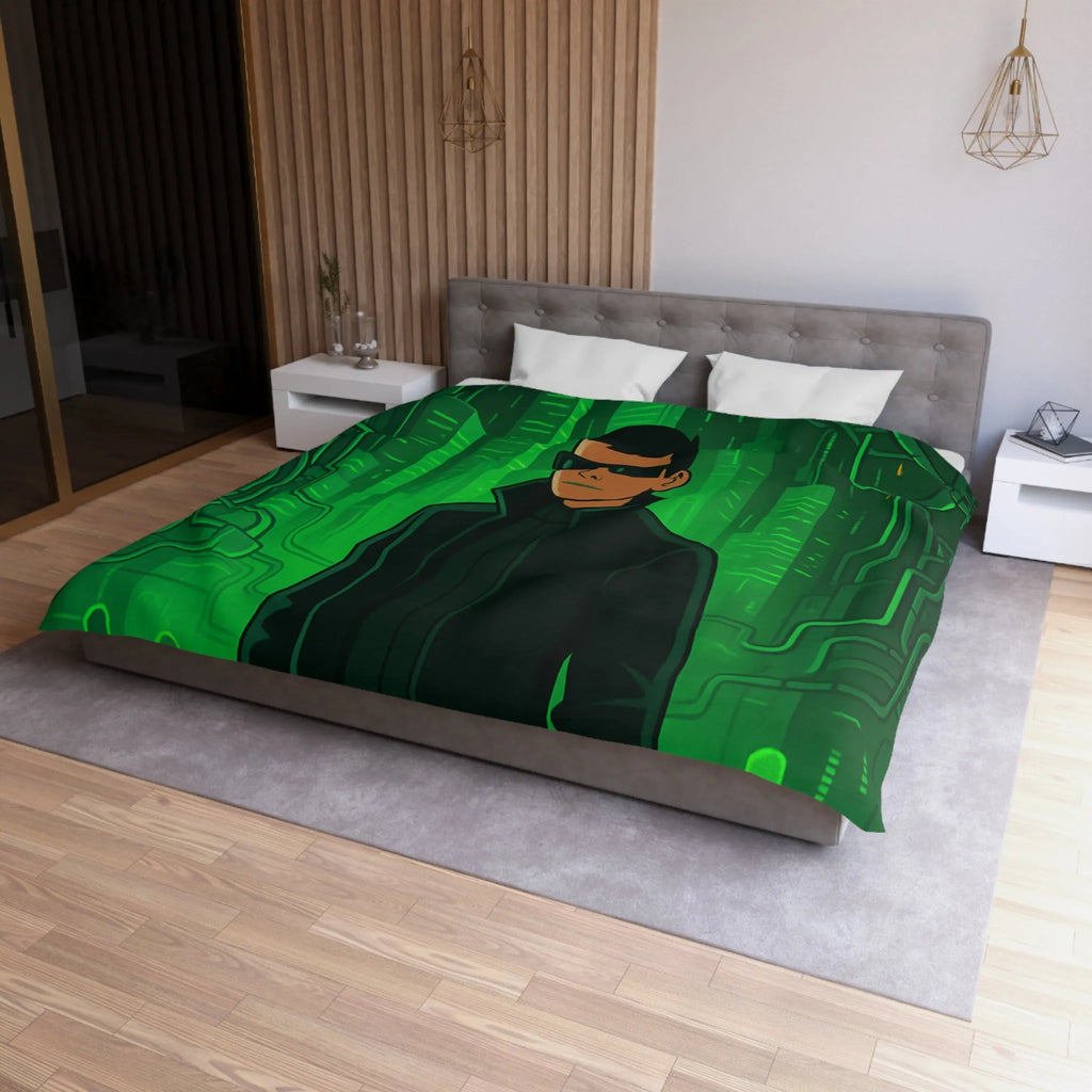 Housse de couette design futuriste vert avec motif personnage et ville numérique