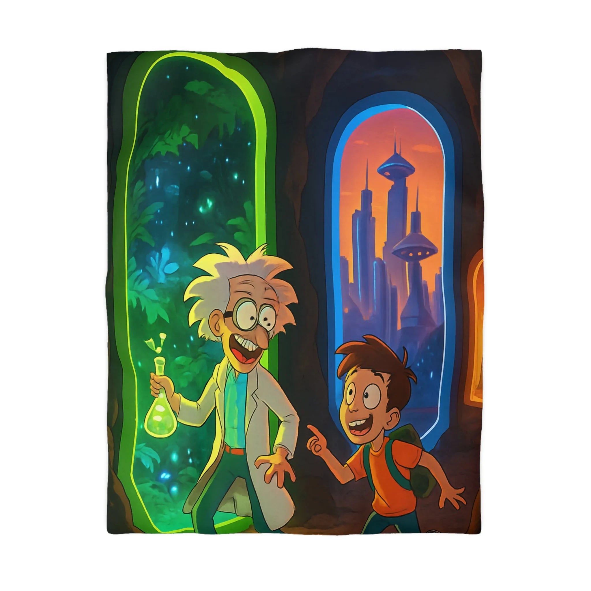 Housse de couette aventure scientifique avec portail vers forêt et ville futuriste colorée