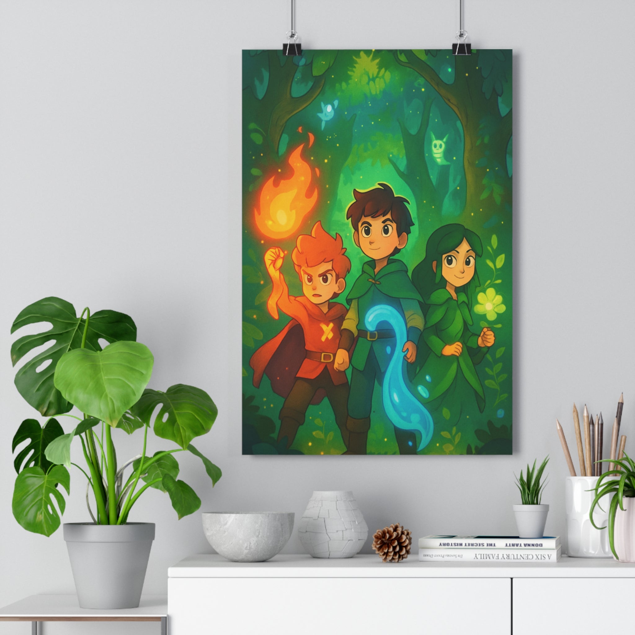 Poster décoratif fantasy enfant chambre magique mystique aventure forêt verte rouge flamme cape feuilles