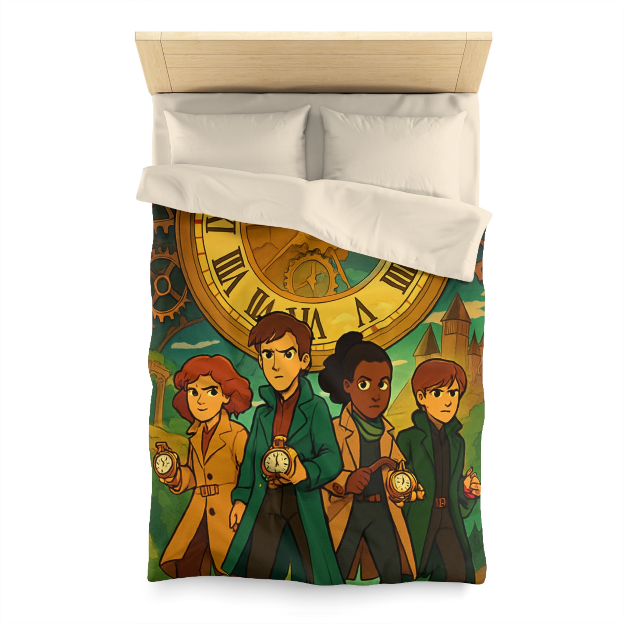 Housse de couette style aventure avec horloge vintage et personnages détectives mystérieux