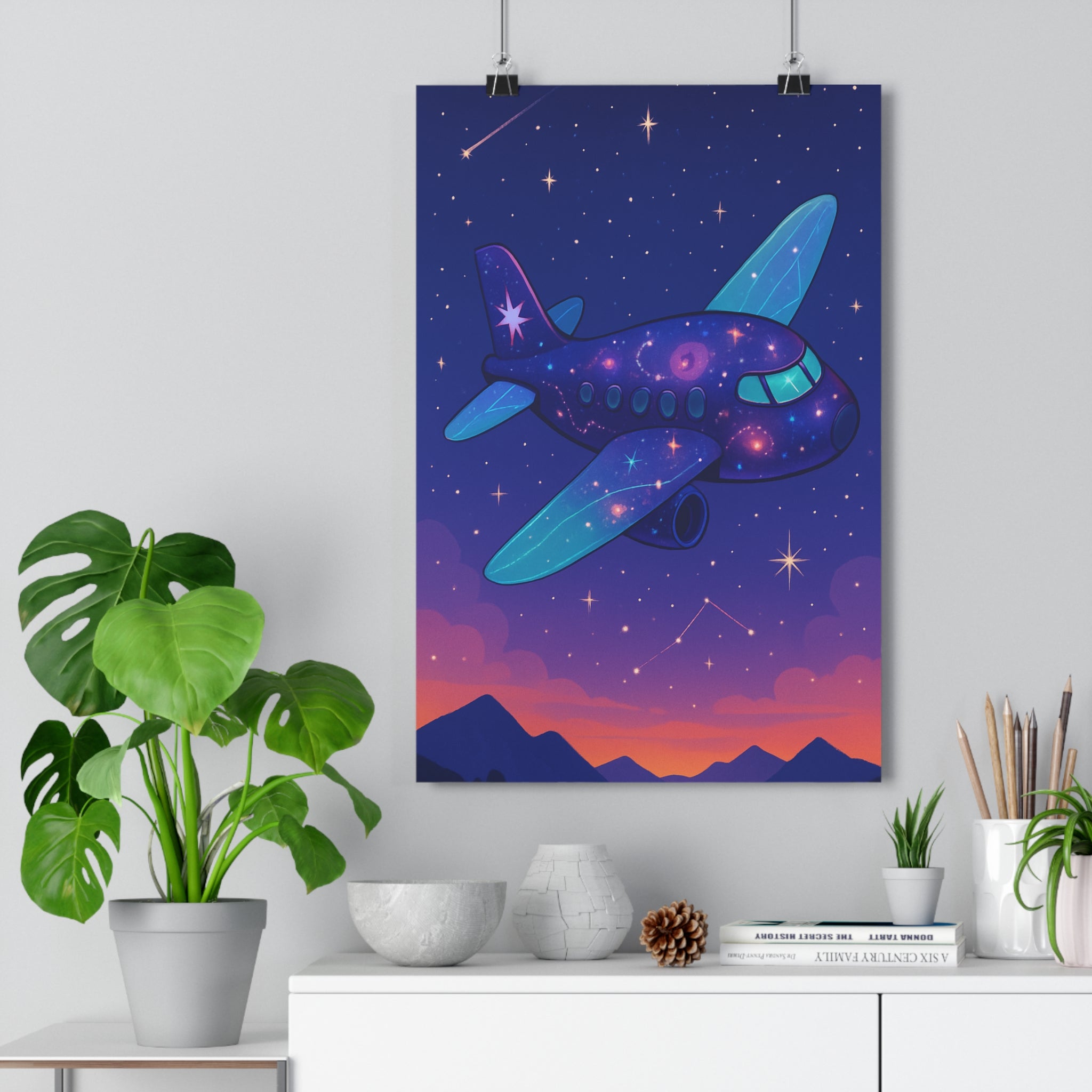 Poster décoratif scifi galaxie crépuscule anime étoilé avion ciel chambre ambiance magique moderne qualité
