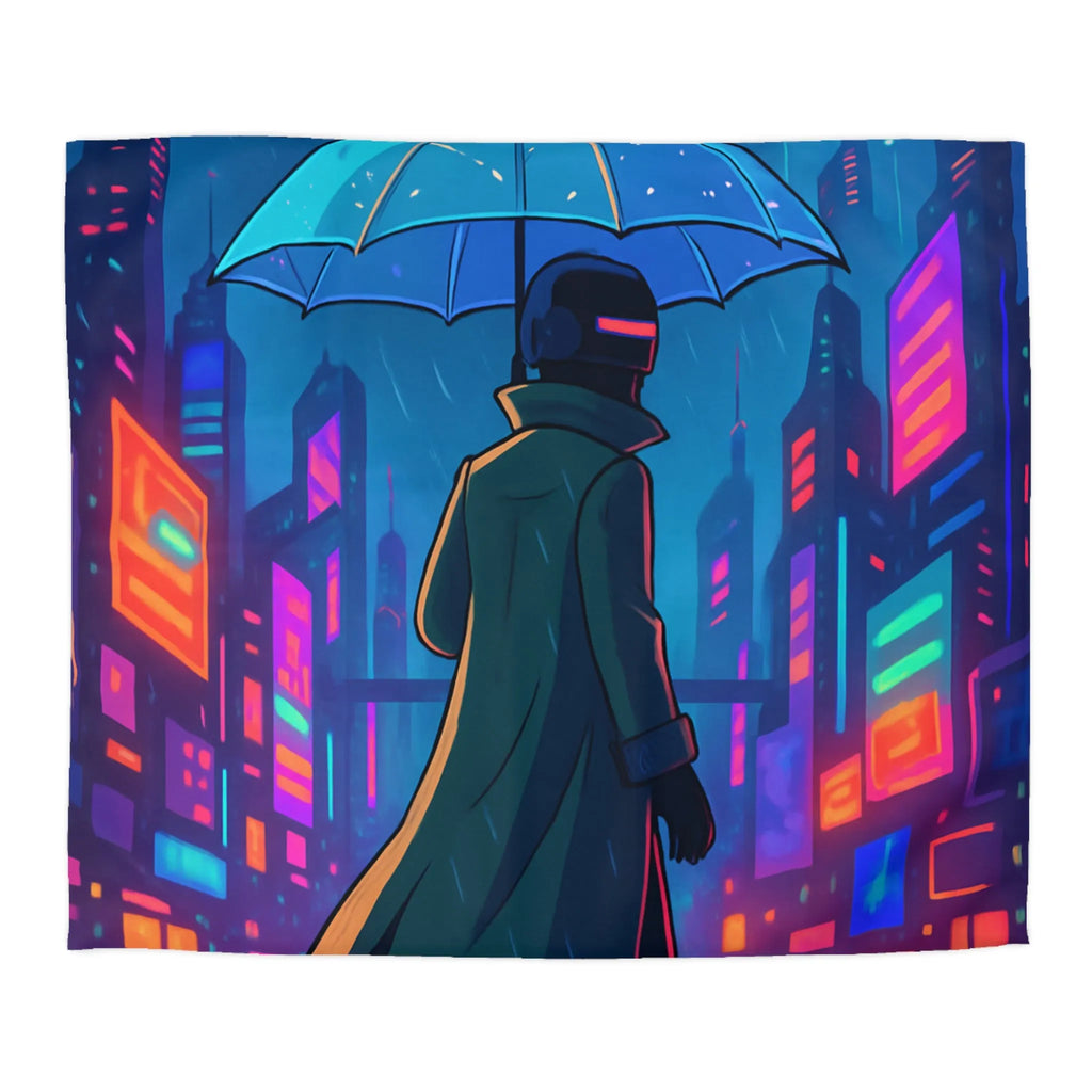 Housse de Couette Design Futuriste Ville Néon avec Parapluie et Pluie Nocturne