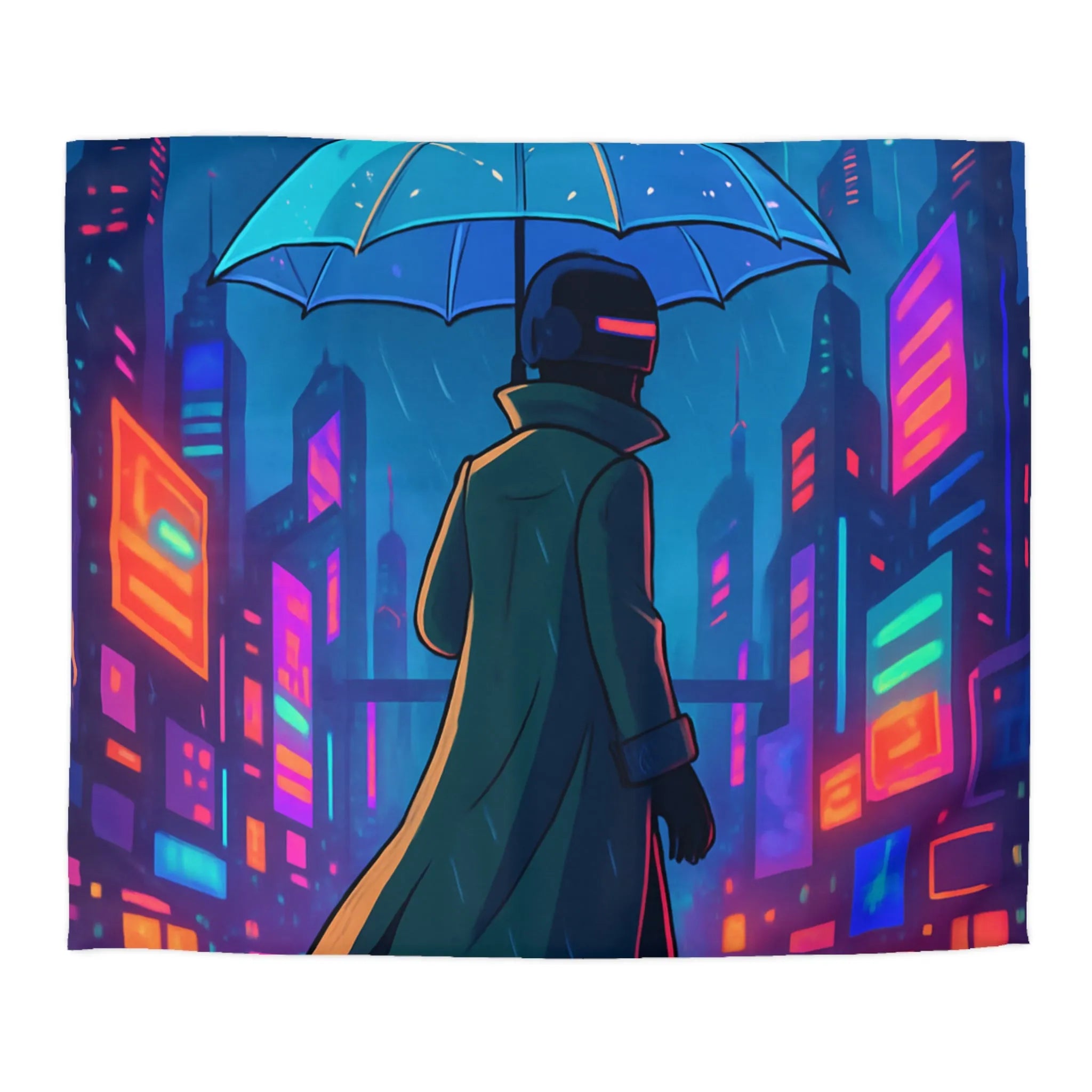 Housse de Couette Design Futuriste Ville Néon avec Parapluie et Pluie Nocturne