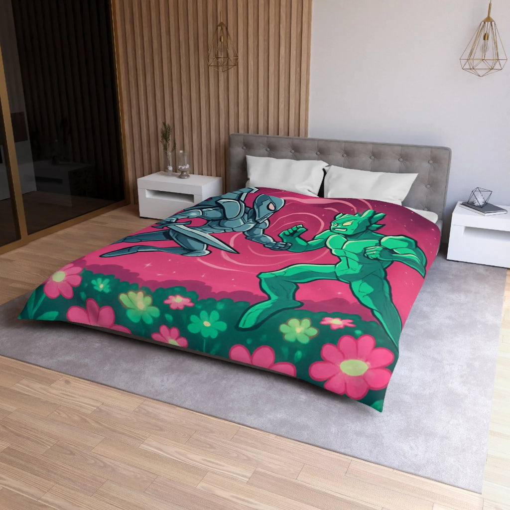 Housse de couette illustrée super-héros ailé avec scène de combat cosmique floral coloré