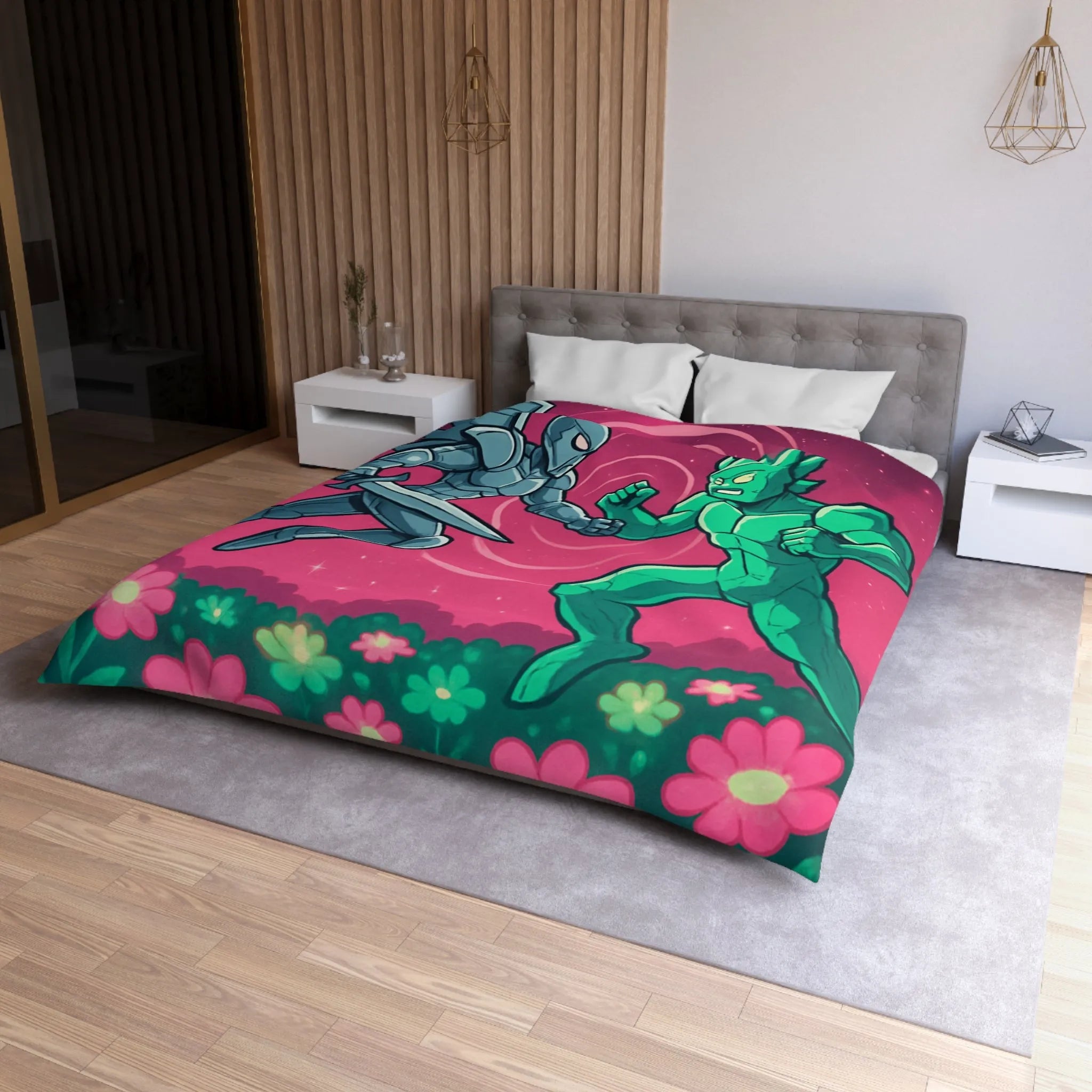Housse de couette illustrée super-héros ailé avec scène de combat cosmique floral coloré
