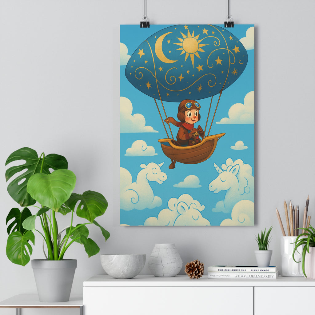 Poster décoratif aventure enfant ciel bleu rêveur magique ballon étoile soleil licorne chambre espace