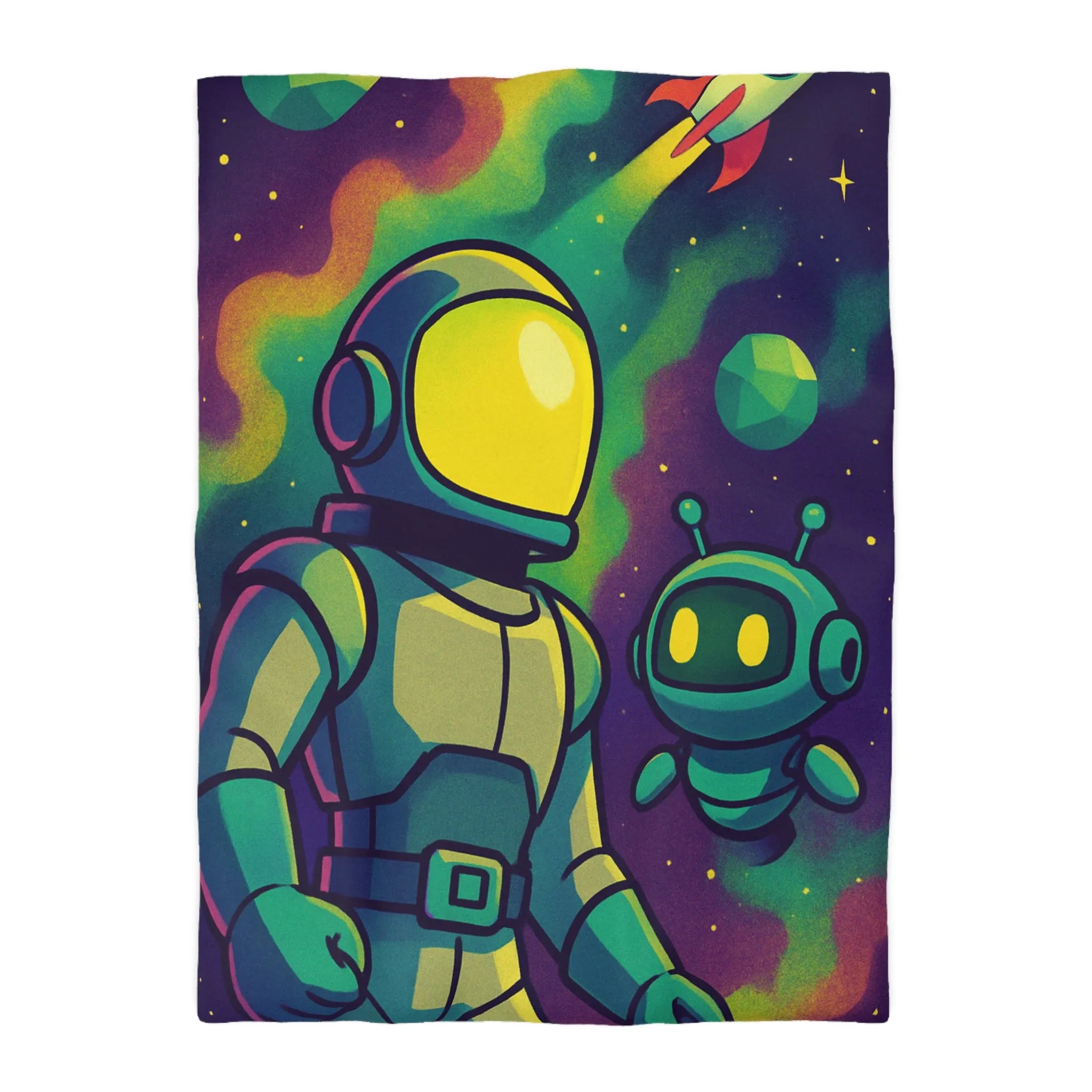 Housse de couette enfant espace avec cosmonaute et robot mignon en couleurs vives