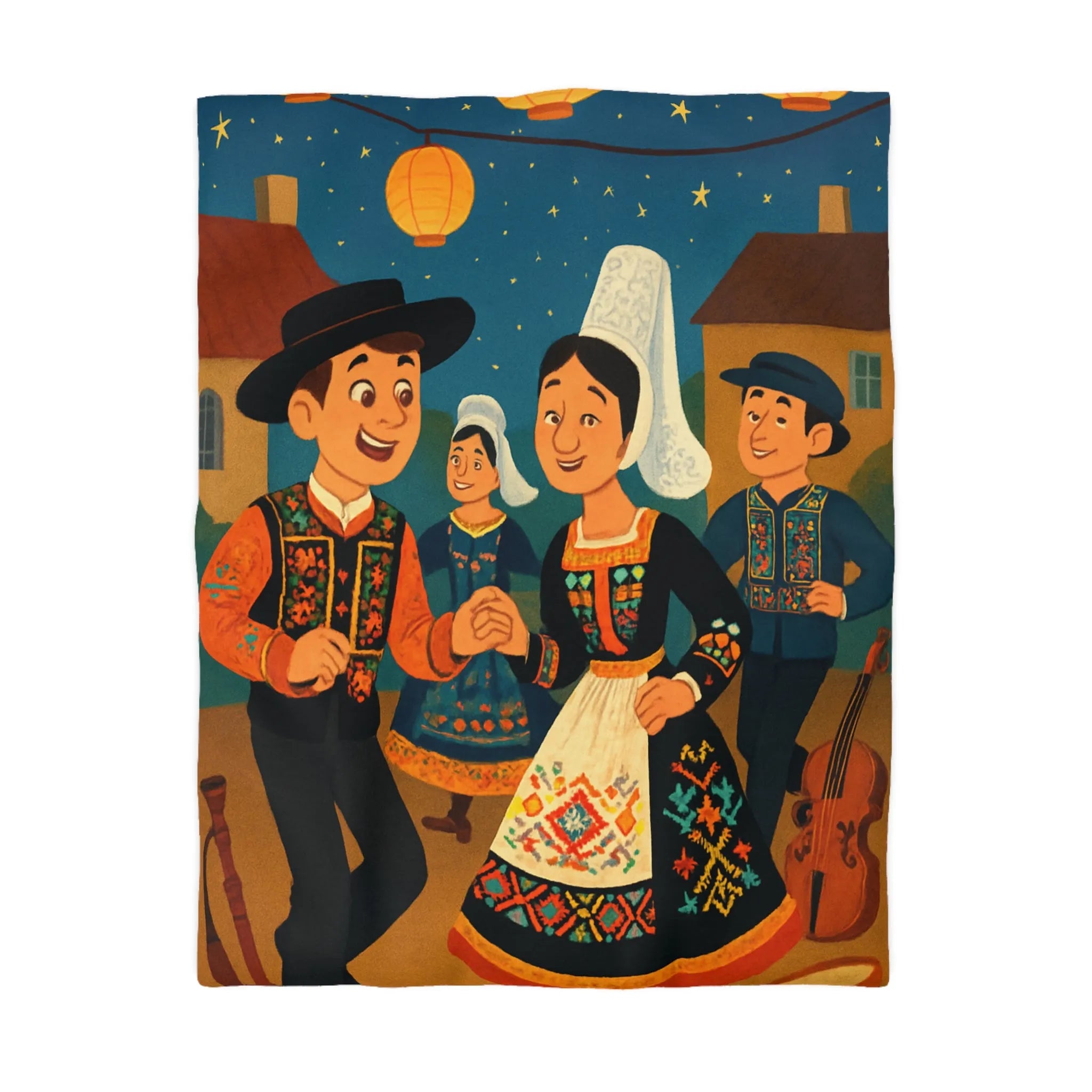 Housse de couette avec danse folklorique festive sous ciel étoilé et lanternes lumineuses