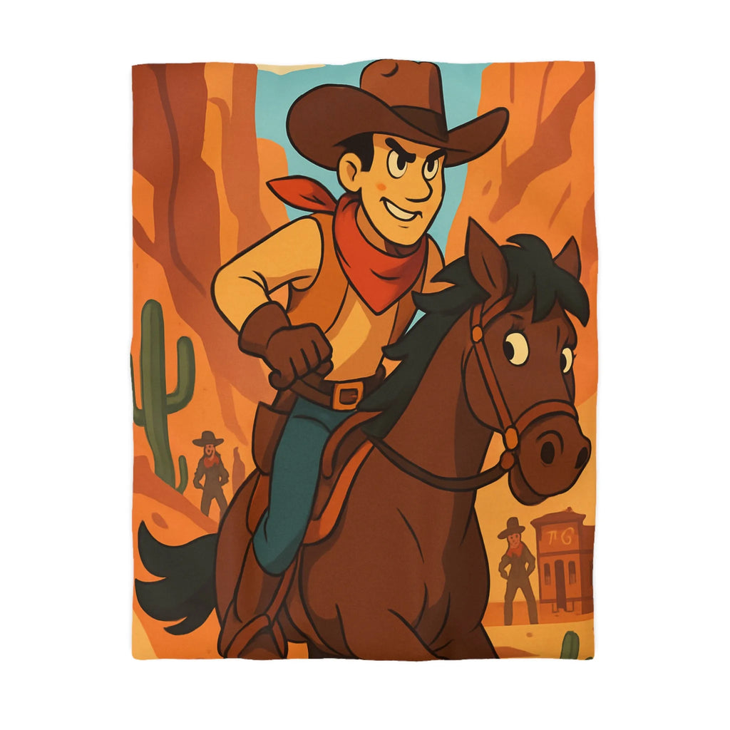 Housse de couette avec cavalier de dessin animé dans paysage désertique occidental