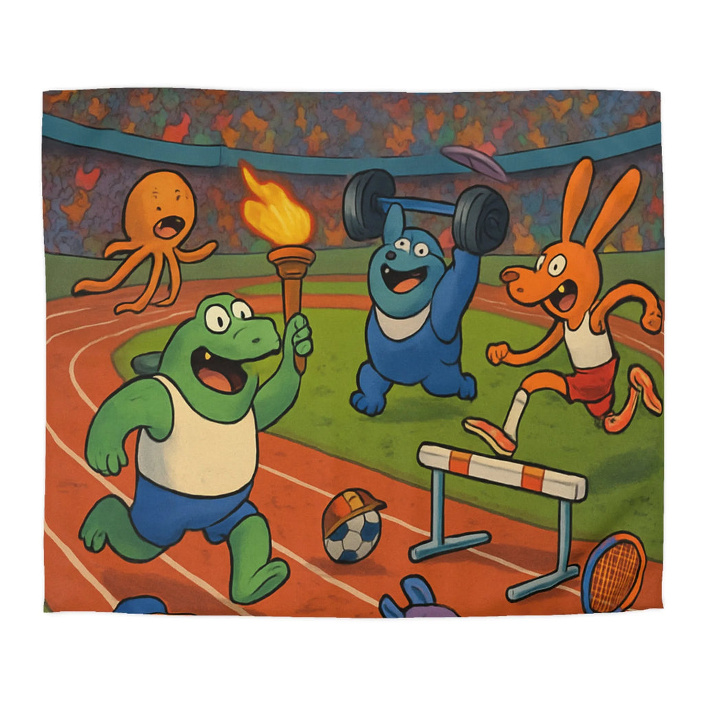 Housse de couette colorée avec animaux sportifs célébrant sous feux d'artifice nocturnes