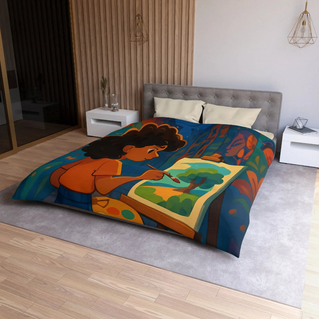 Housse de couette colorée illustrant une ruelle artistique avec peinture et lanterne