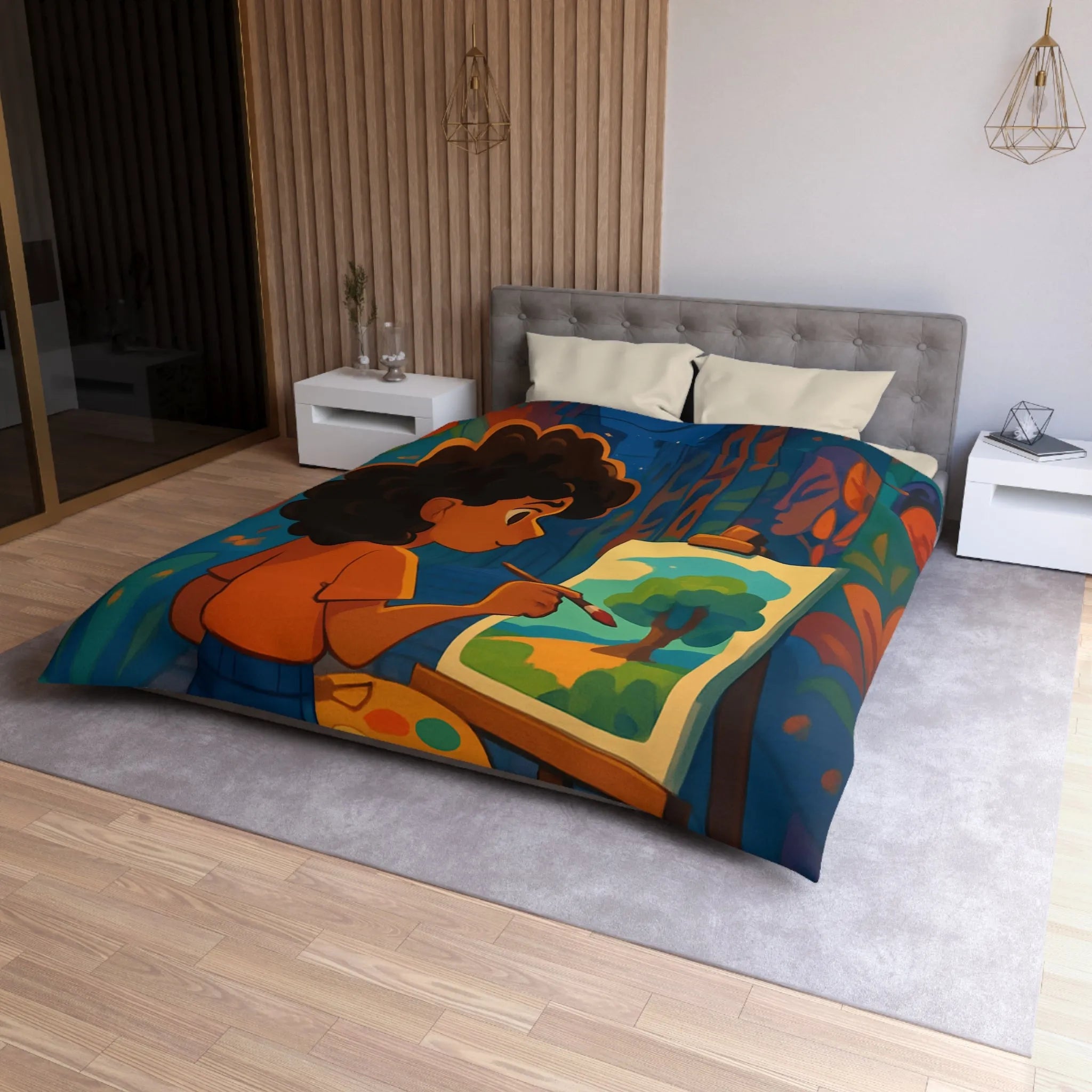 Housse de couette colorée illustrant une ruelle artistique avec peinture et lanterne