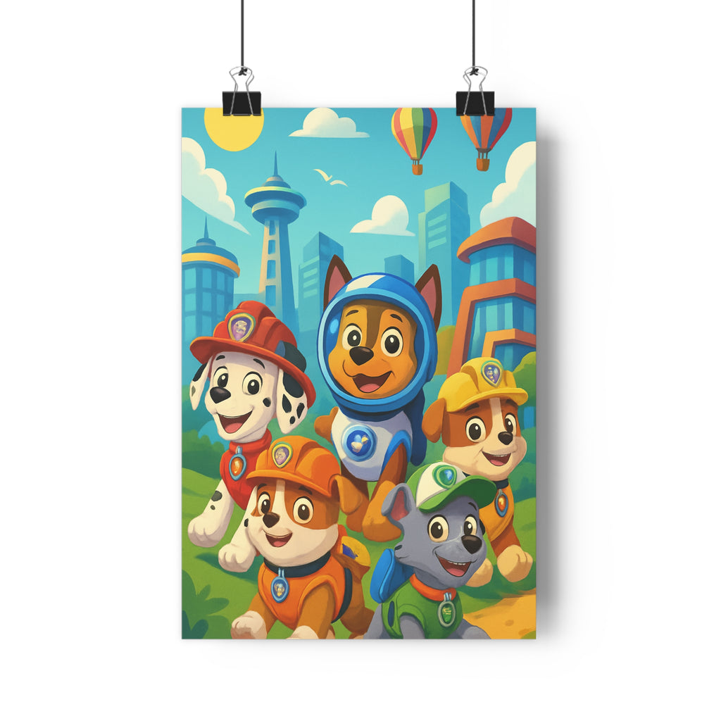 Poster décoratif cartoon joyeux chiots courageux coloré urbain aventure chambre enfant moderne qualité premium