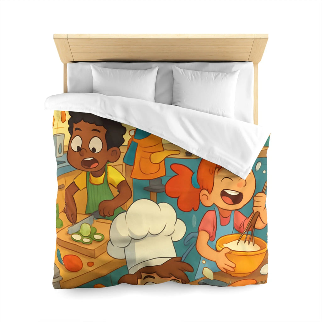 Housse de couette illustrée cuisine enfants joyeux couleurs vives spatule éclaboussures légumes