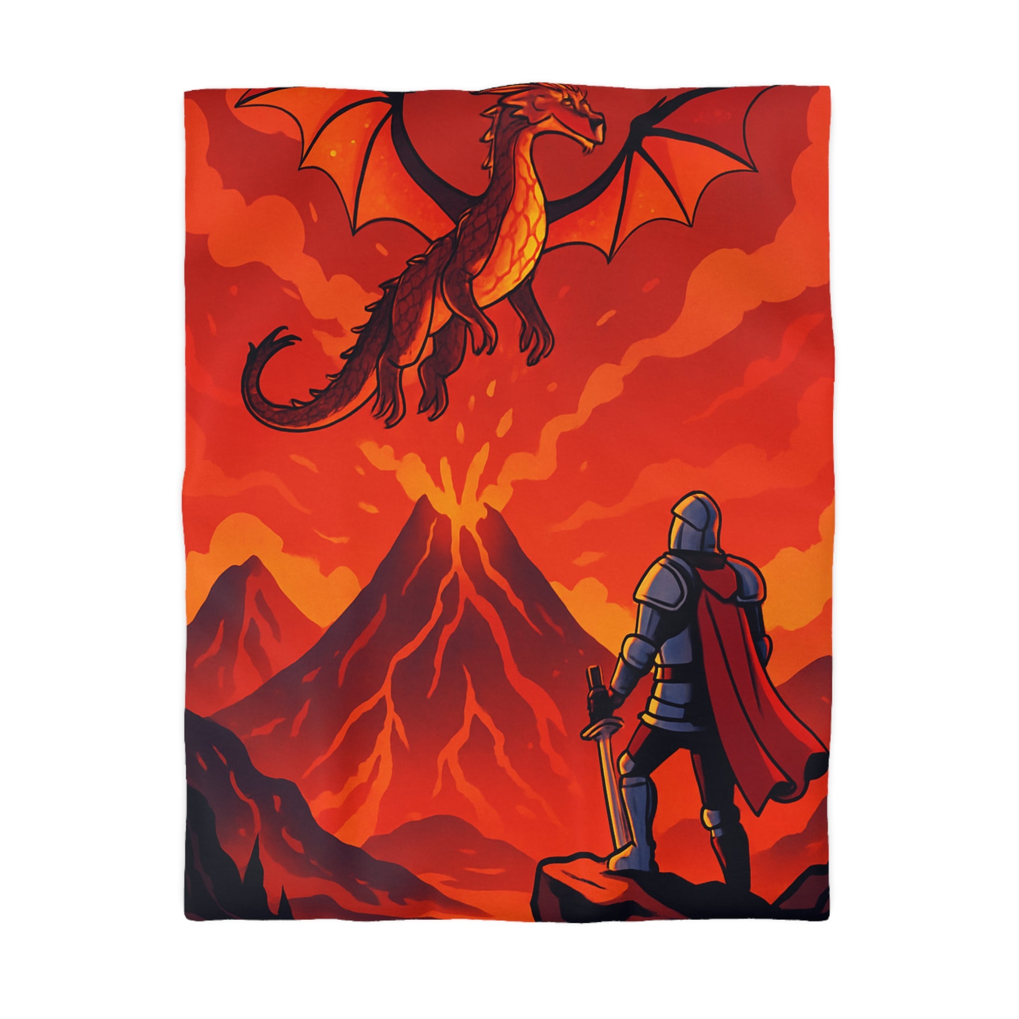 Imposant dragon rouge volant sur volcan en fusion, chevalier en armure contemplatif
