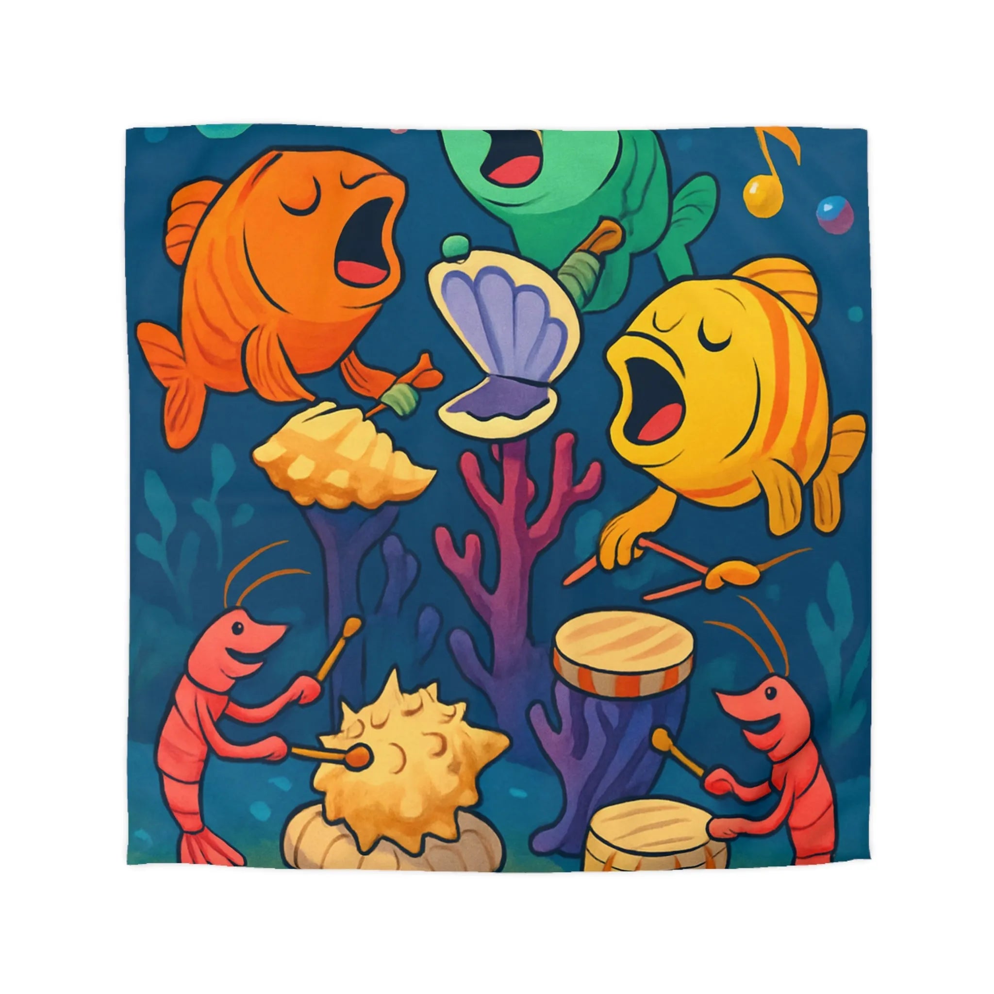 Housse de couette illustration colorée avec poissons chantants et crustacés musicaux sous l'océan