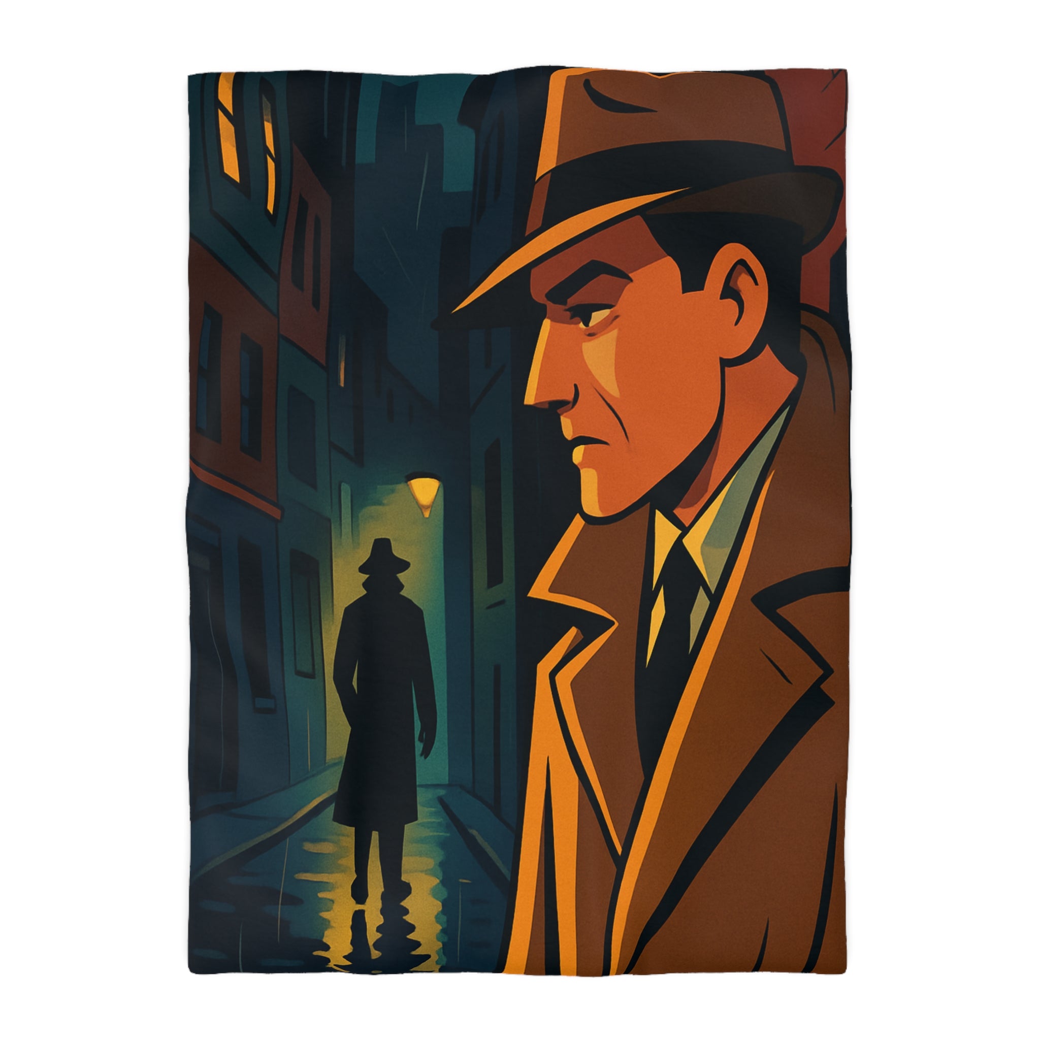 Housse de couette vintage style détective film noir avec scène de rue mystérieuse