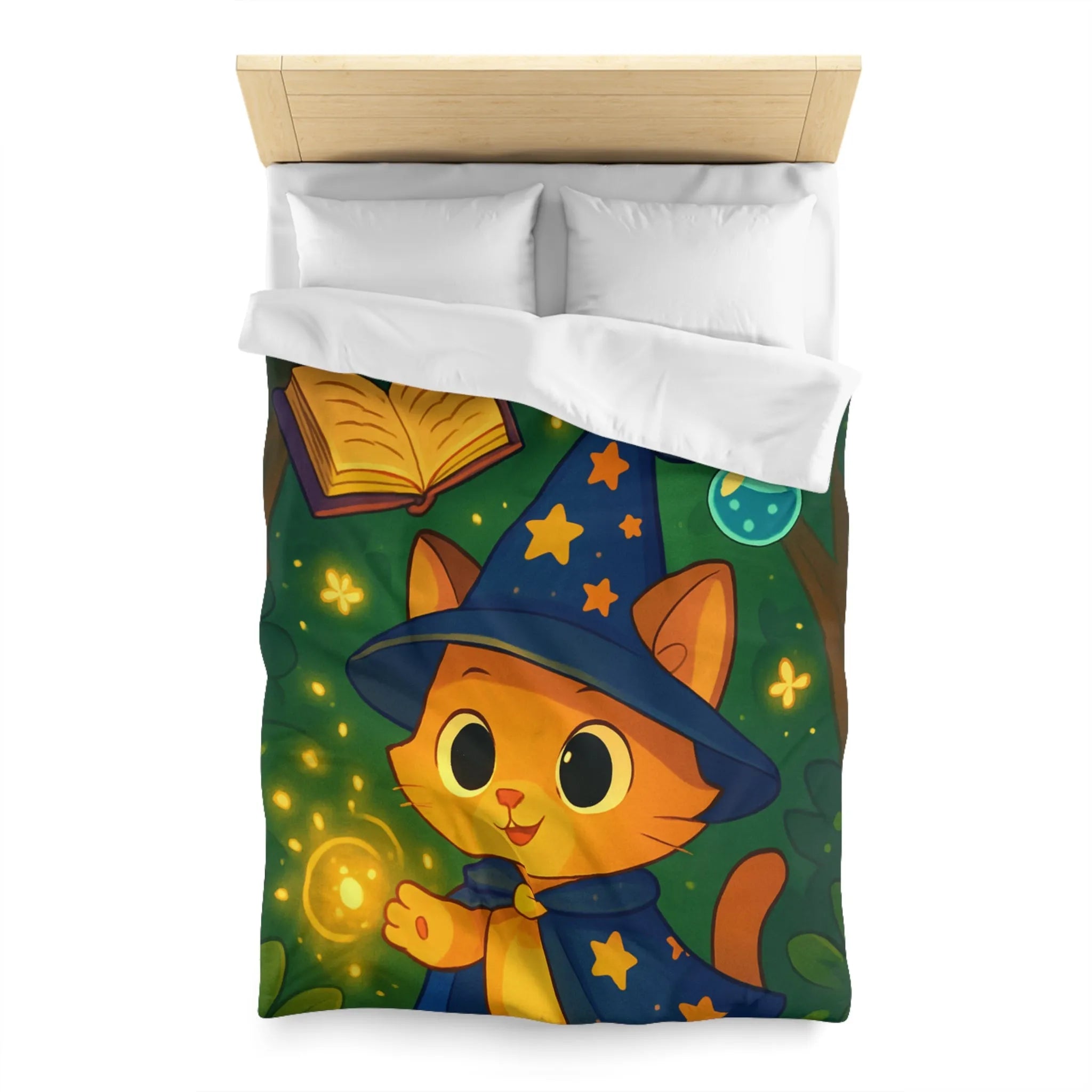 Housse de couette magique pour enfants avec chaton sorcier et forêt enchantée