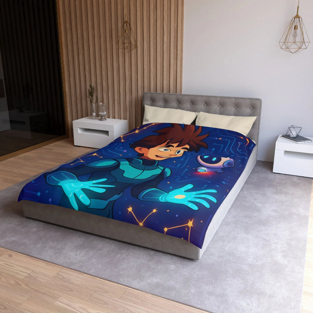 Housse de couette futuriste avec jeune héros et robot dans espace numérique éclatant